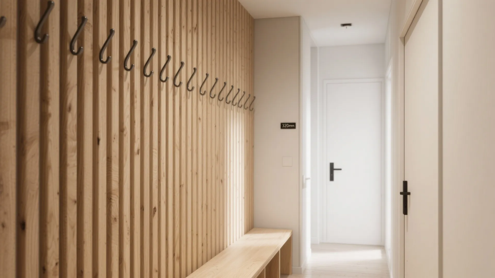 Wooden wall panel with black hooks and matching bench in a bright white modern hallway