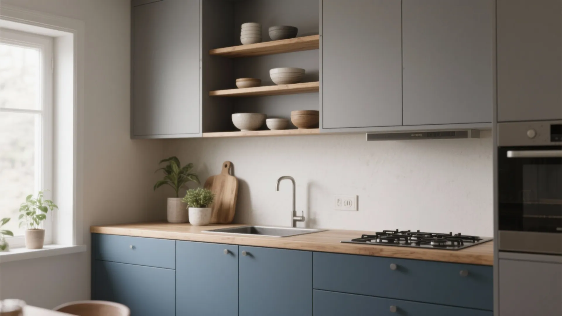 Scandinavian small kitchen with matte slate blue lowers, warm mid-grey uppers and oak shelving