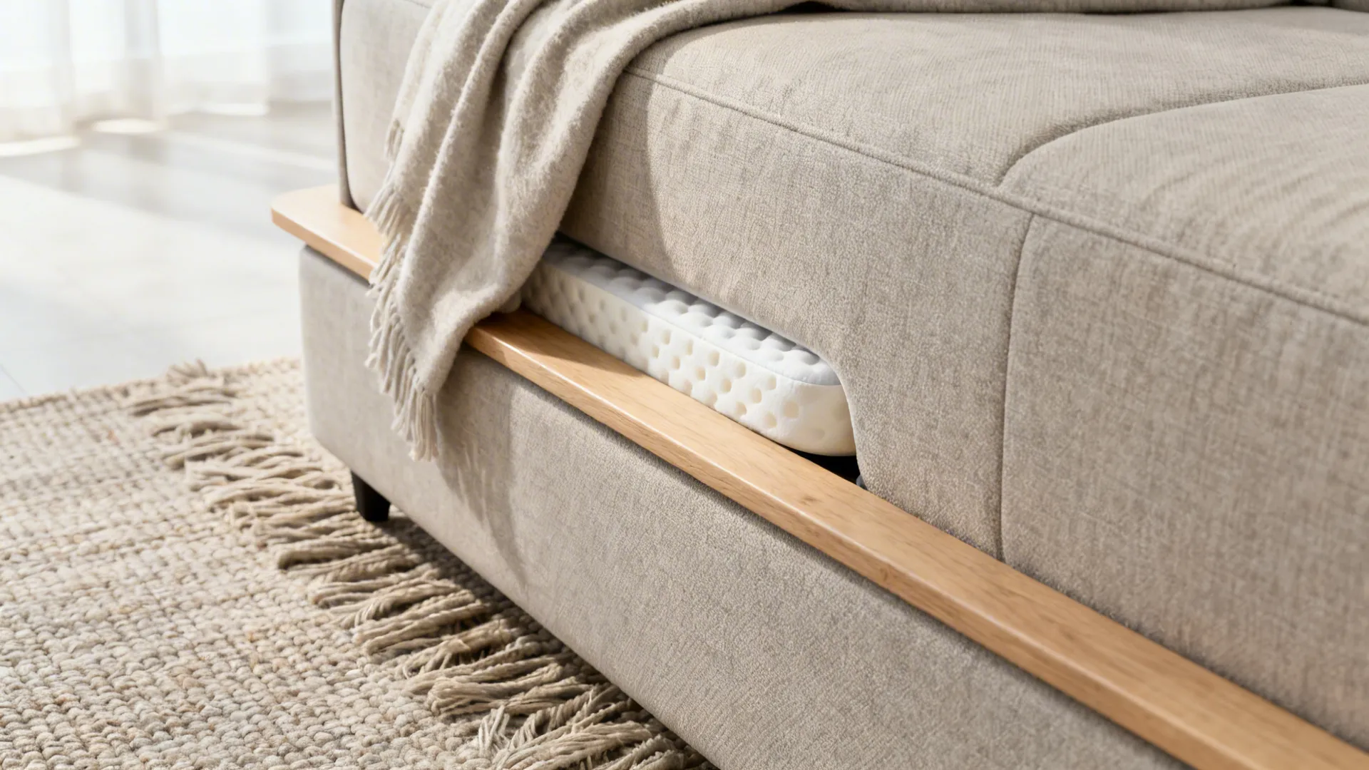 Macro view of a low-profile sleeper sofa corner with light wood coffee table and textured rug.