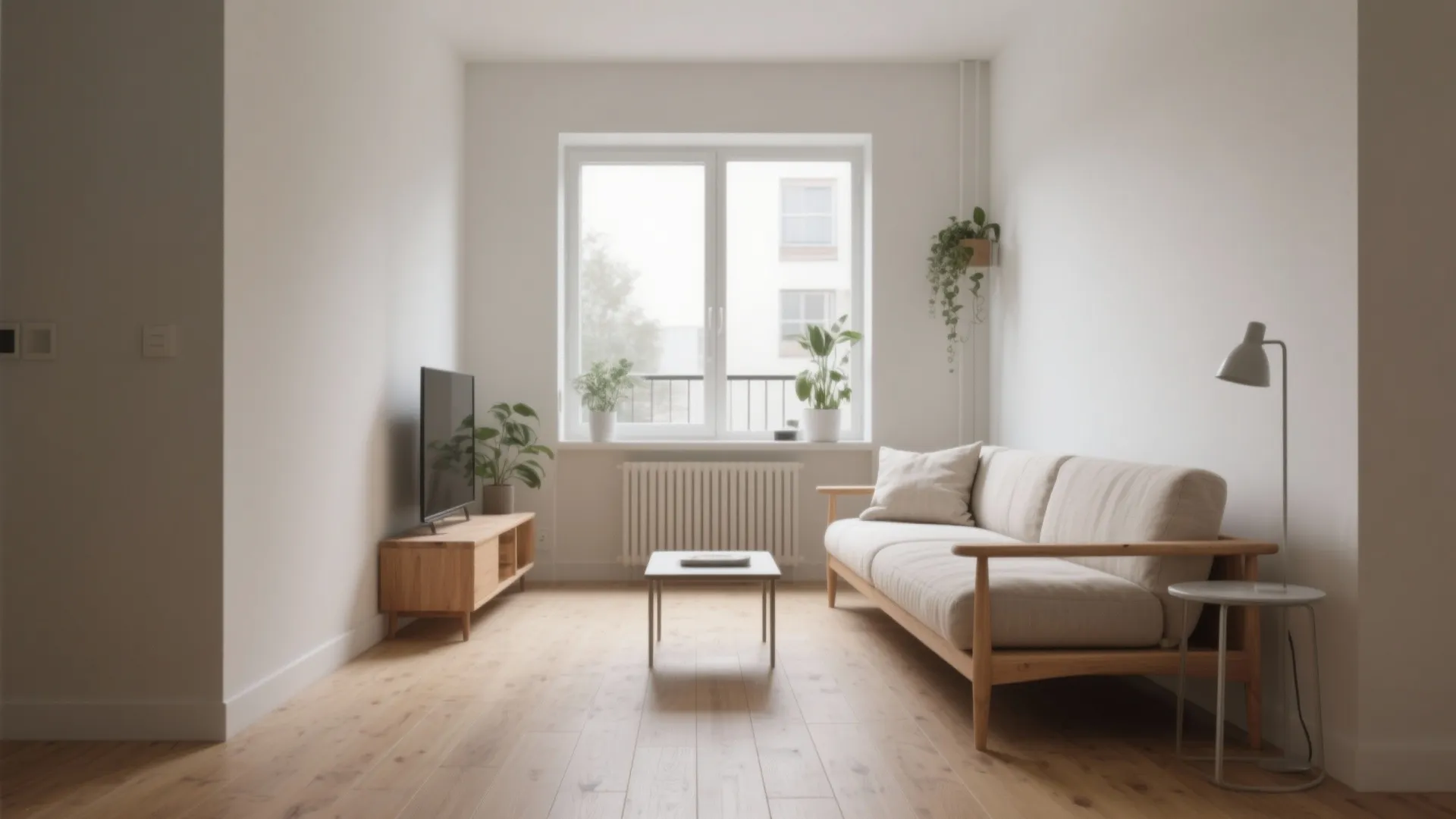 Scandinavian slim-arm wooden sofa, light cushions