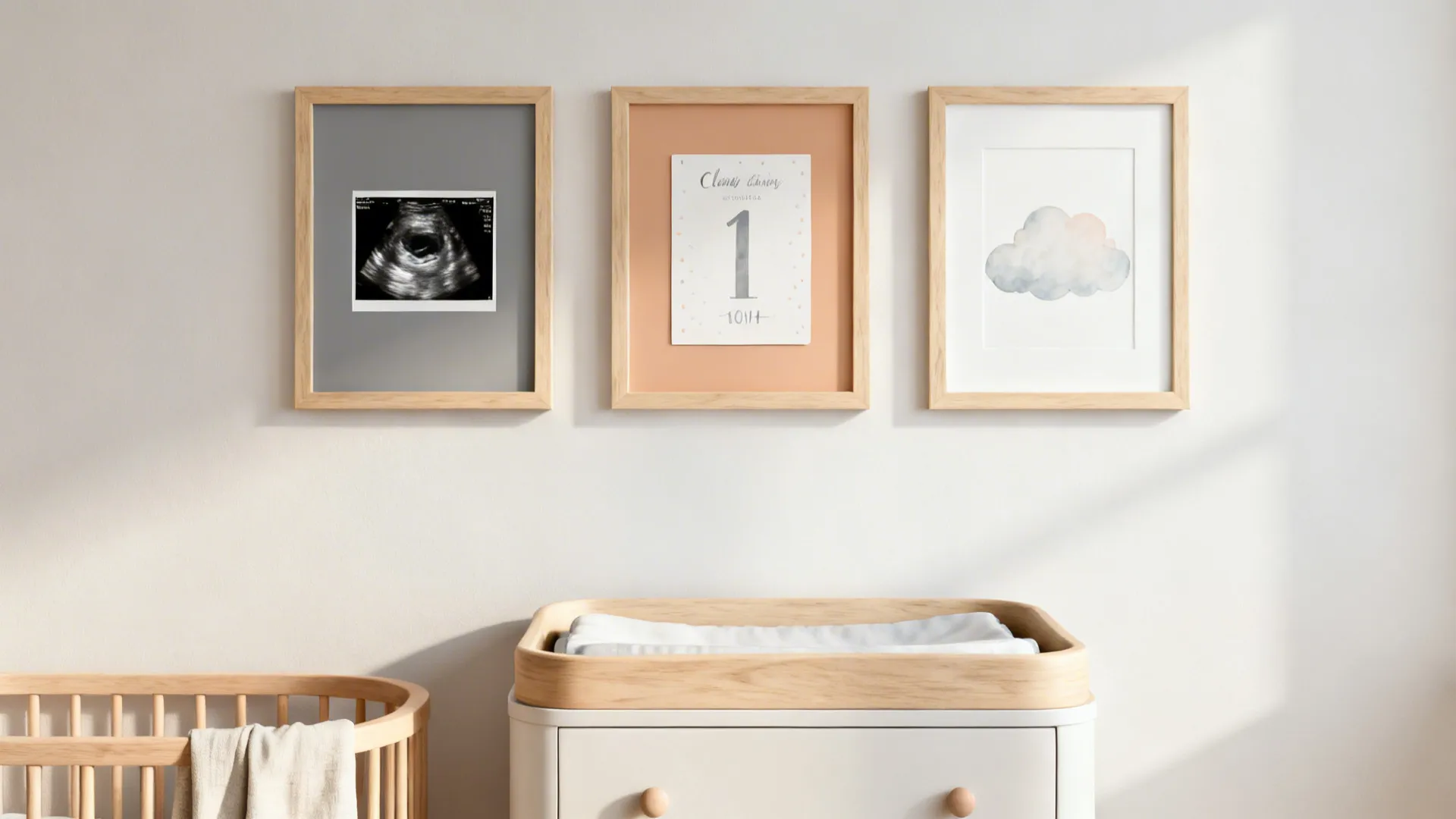 Three wooden frames on a white wall above a baby changing table and a small crib
