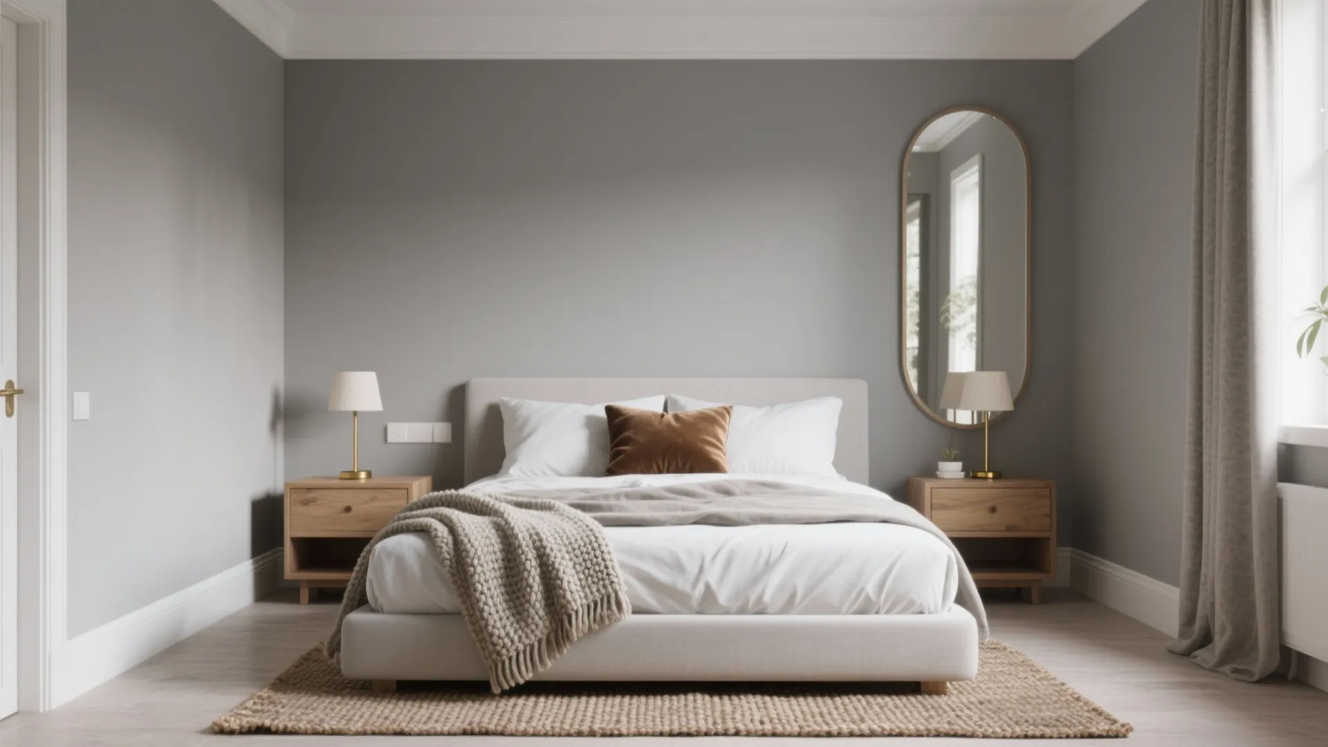Minimalist bedroom with gray walls oval mirror two table lamps wooden nightstands and a rug