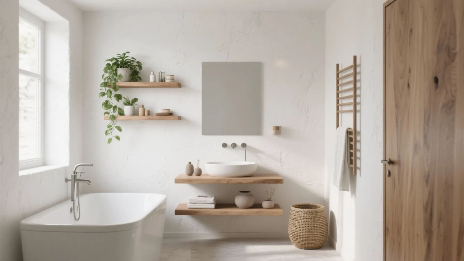 Modern white bathroom featuring bathtub wooden shelves green plants white sink mirror and a door