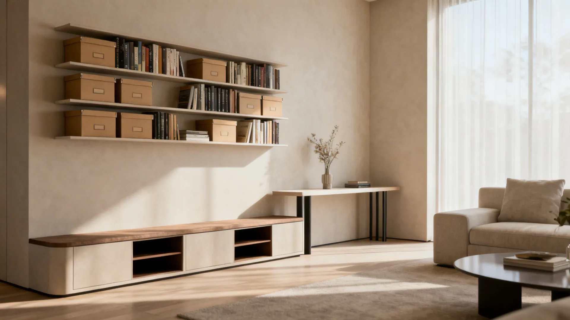 Small living room with shallow shelves, built-in bench storage and clear walking path.