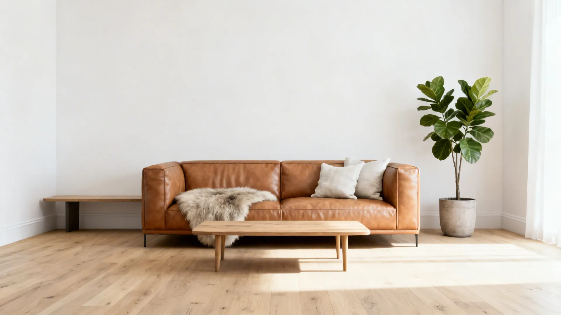 Minimalist living room with tan leather sofa wooden coffee table potted plant on light flooring