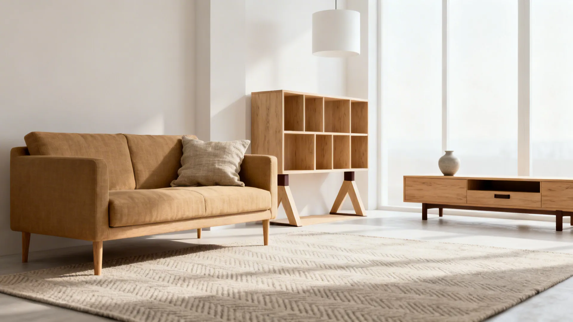 Scandi minimalist living room with a tan sofa and light oak furniture