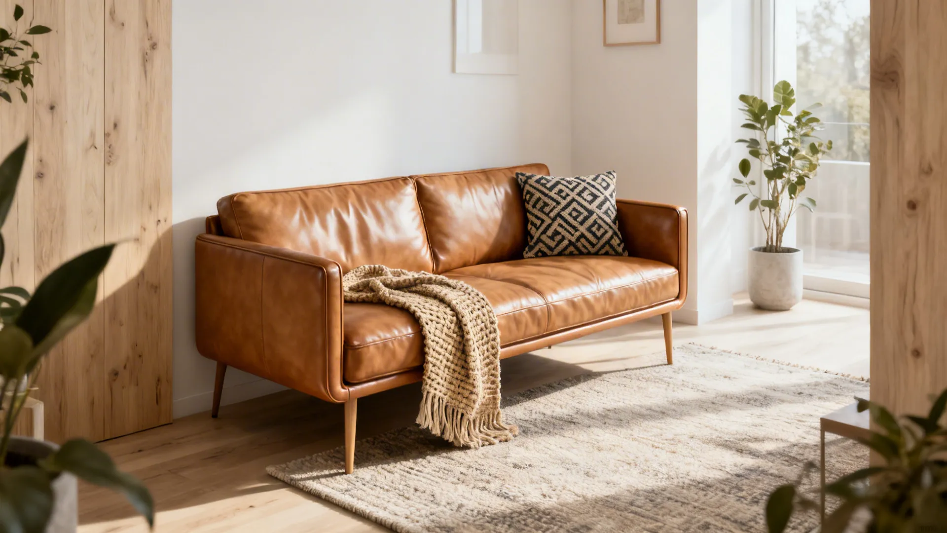 Modern tan leather sofa with patterned pillow and beige blanket on a large textured rug