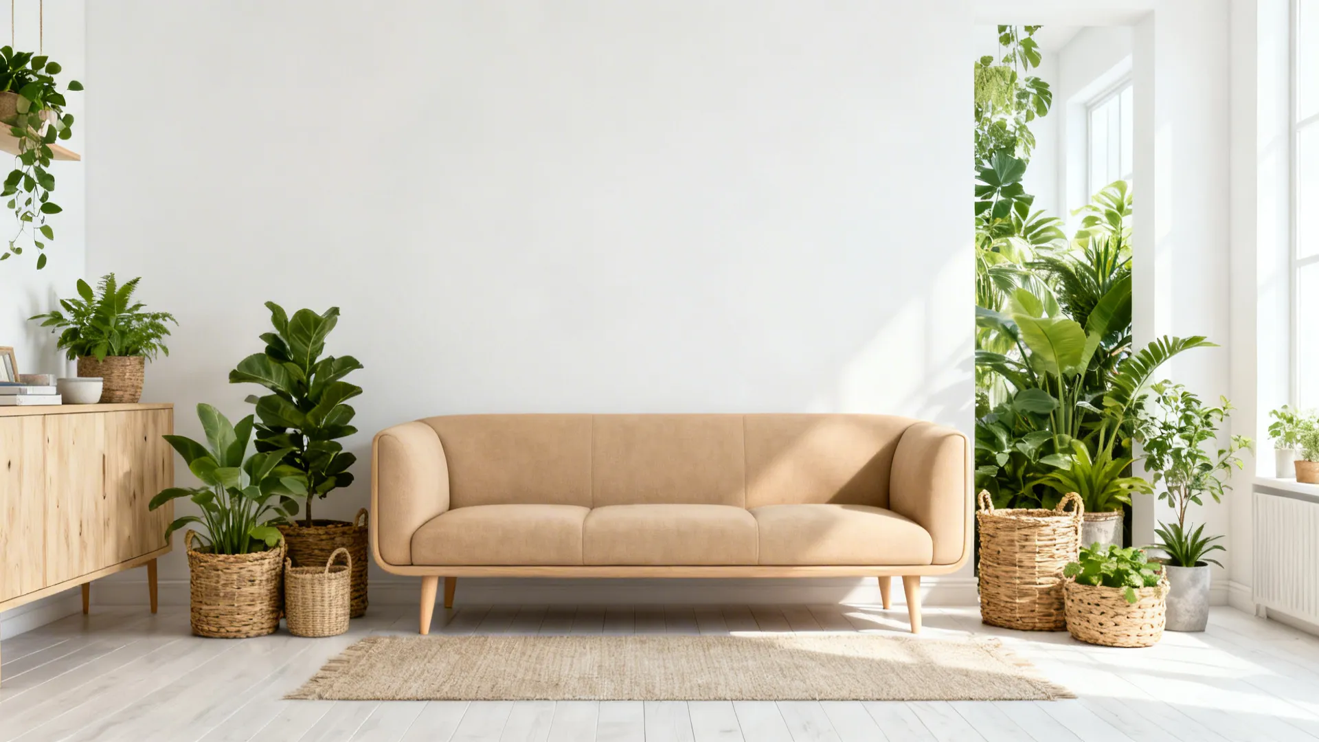 Tan sofa in bright living room with green plants white walls rug and wooden cabinet