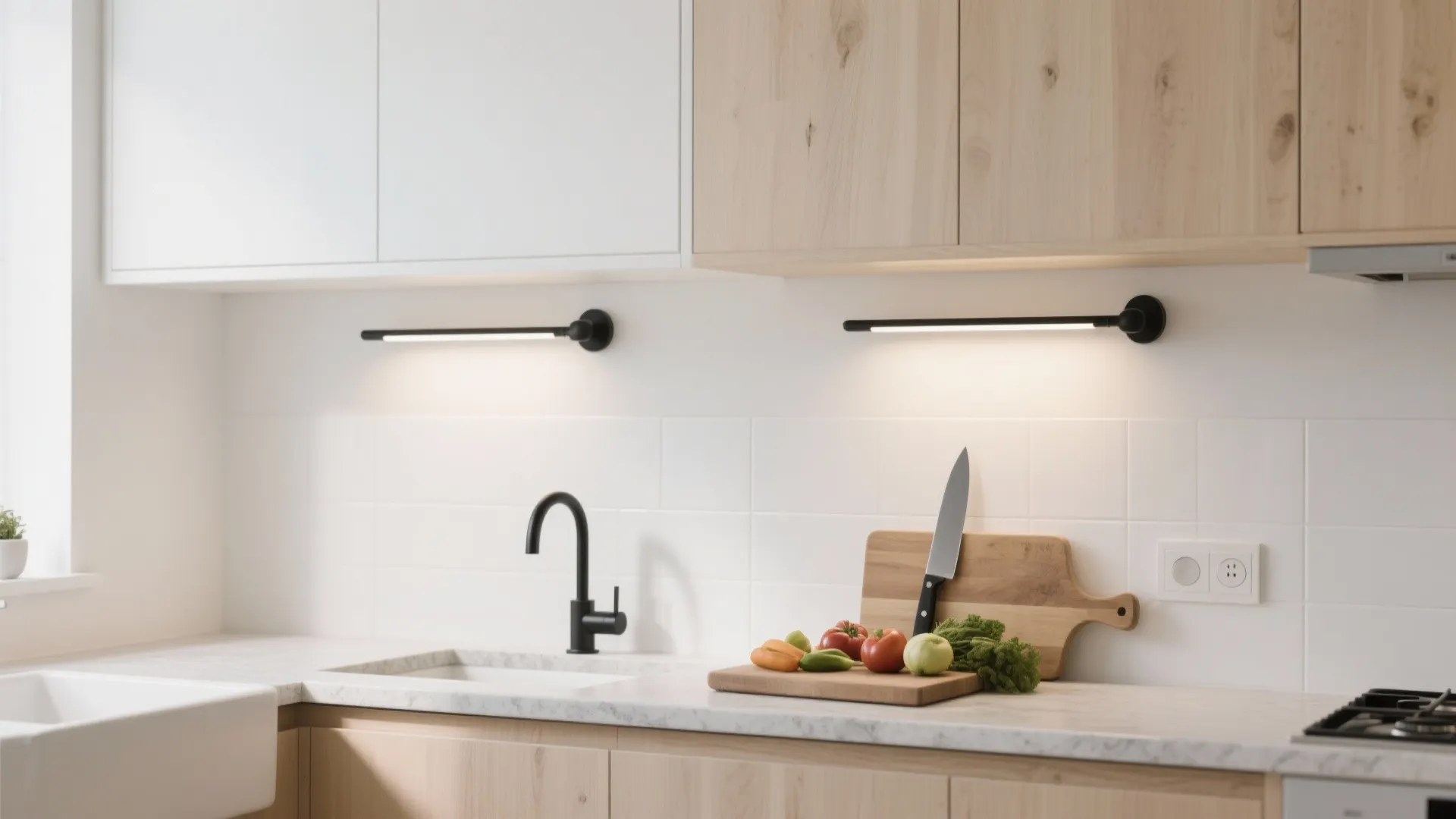 Scandi minimal task lighting above prep zones