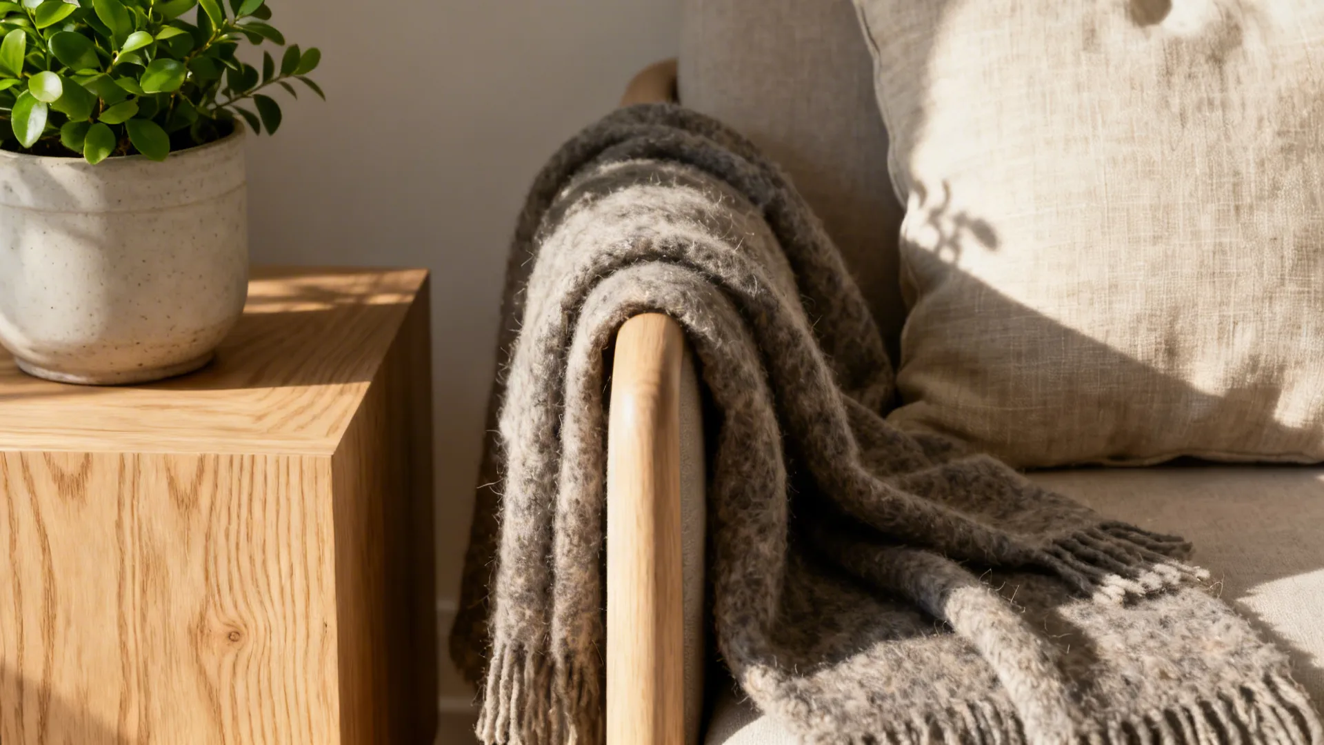 Close-up of wool throw and linen cushion on a Scandinavian sofa with light oak table