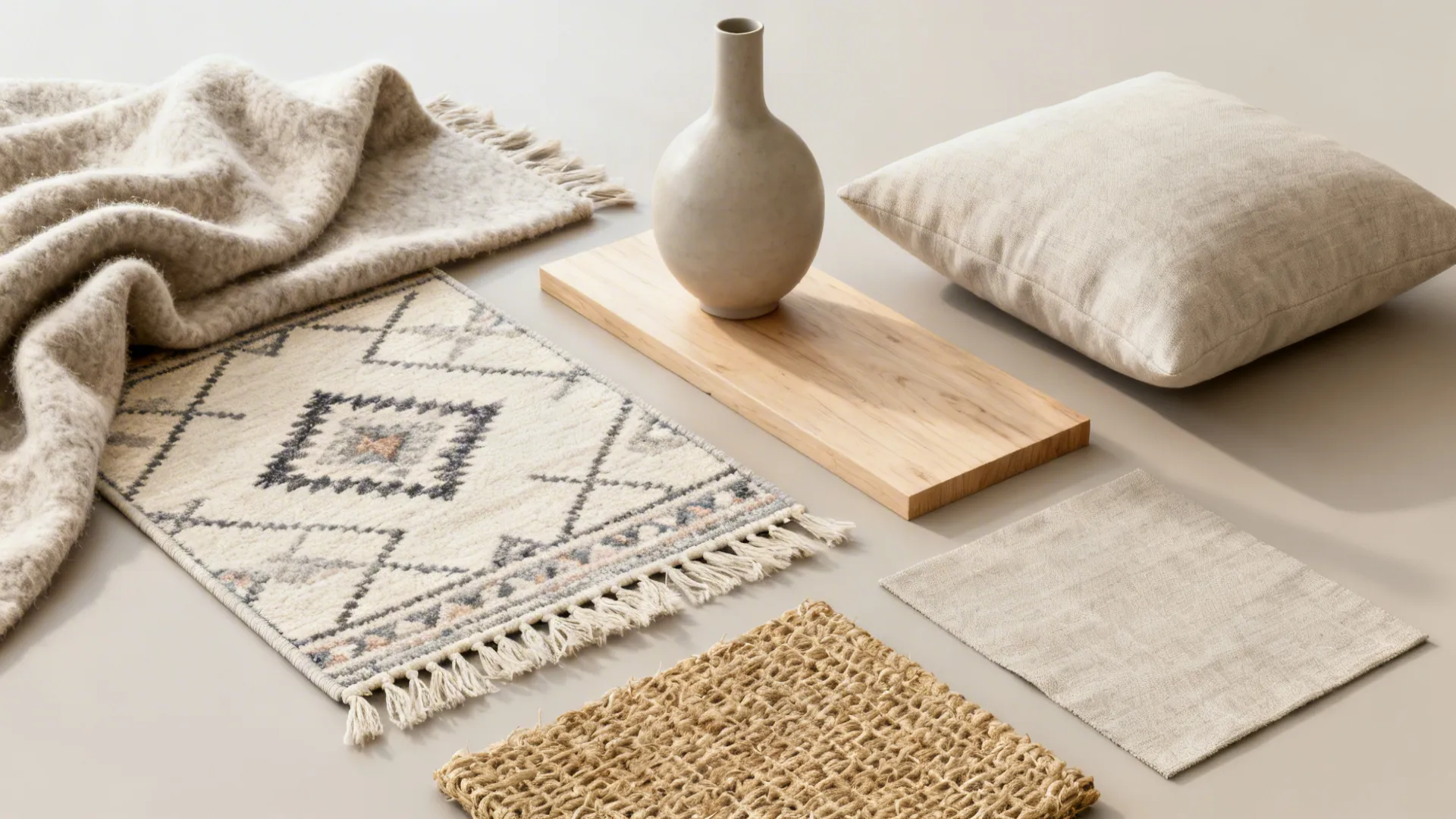 Flatlay of Scandinavian materials: wool throw, kilim rug sample, linen and ceramics.