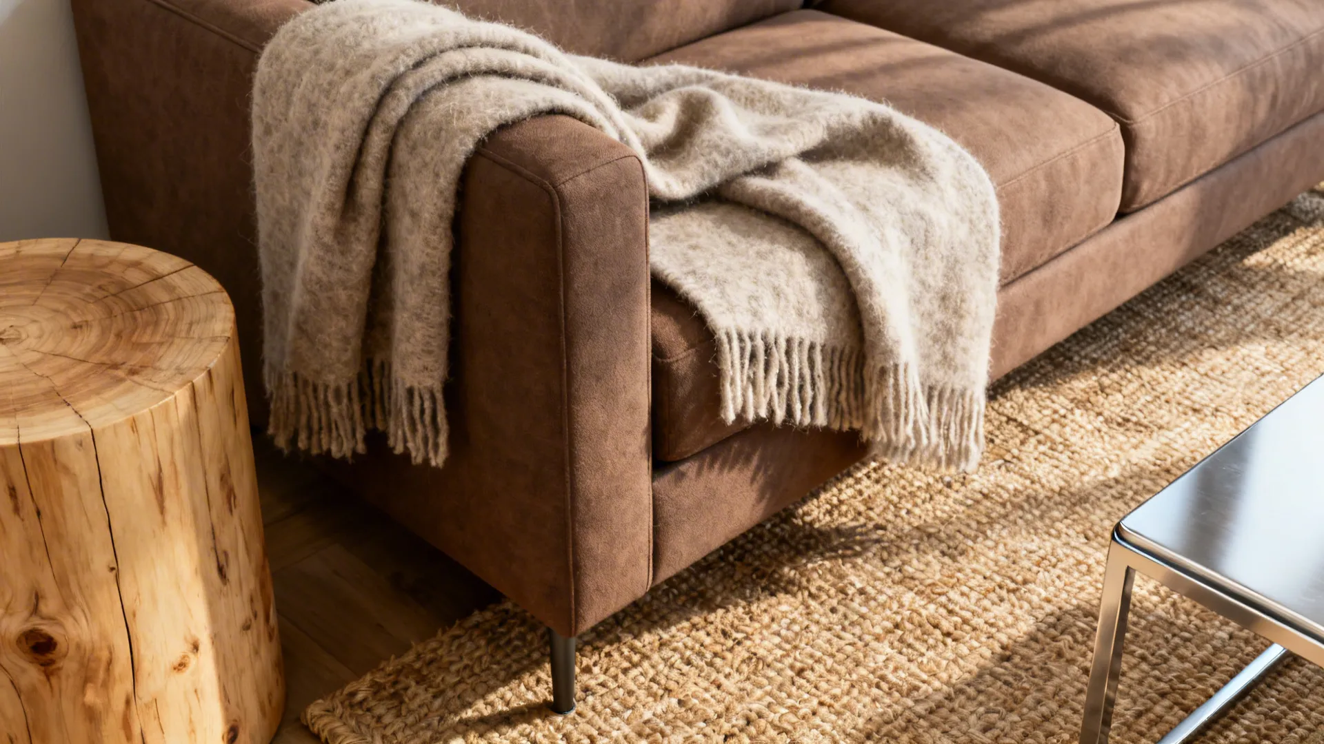 Brown sofa with beige blanket next to wooden stump table on a woven floor rug