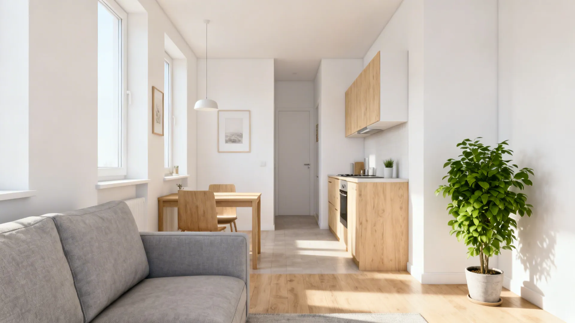 Bright open plan living space with grey sofa wooden dining table and light wood cabinets