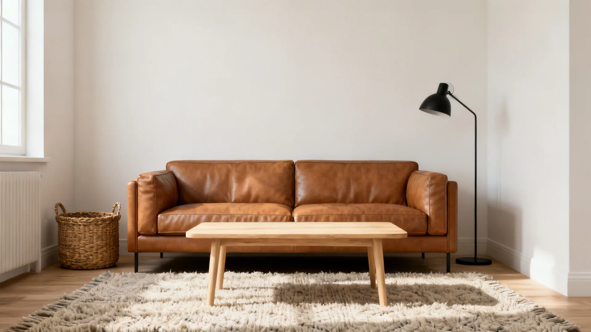 Brown leather sofa with wooden coffee table and black floor lamp on rug in bright room