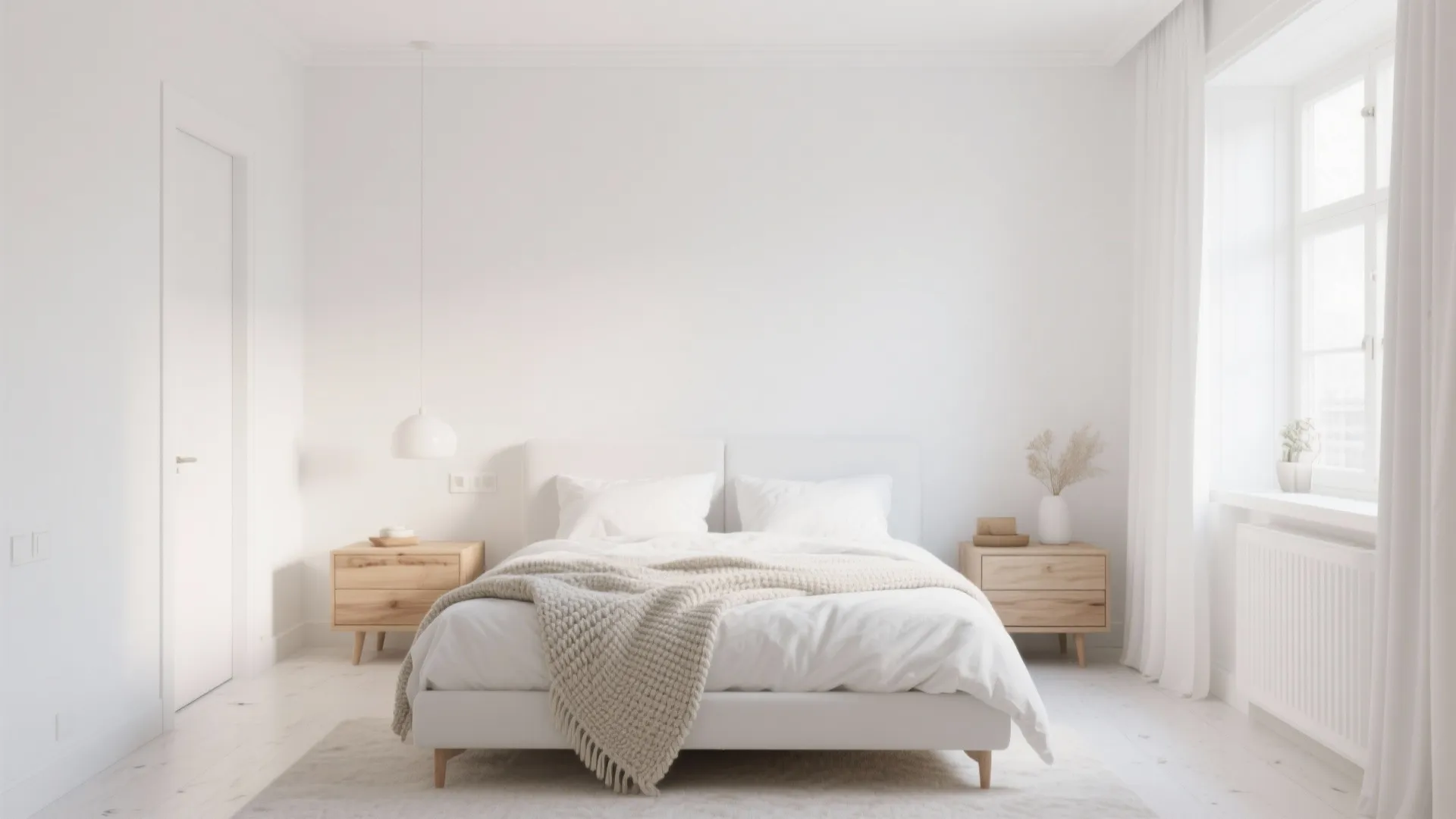 Minimalist white bedroom with wooden side tables white bed white walls and a large window