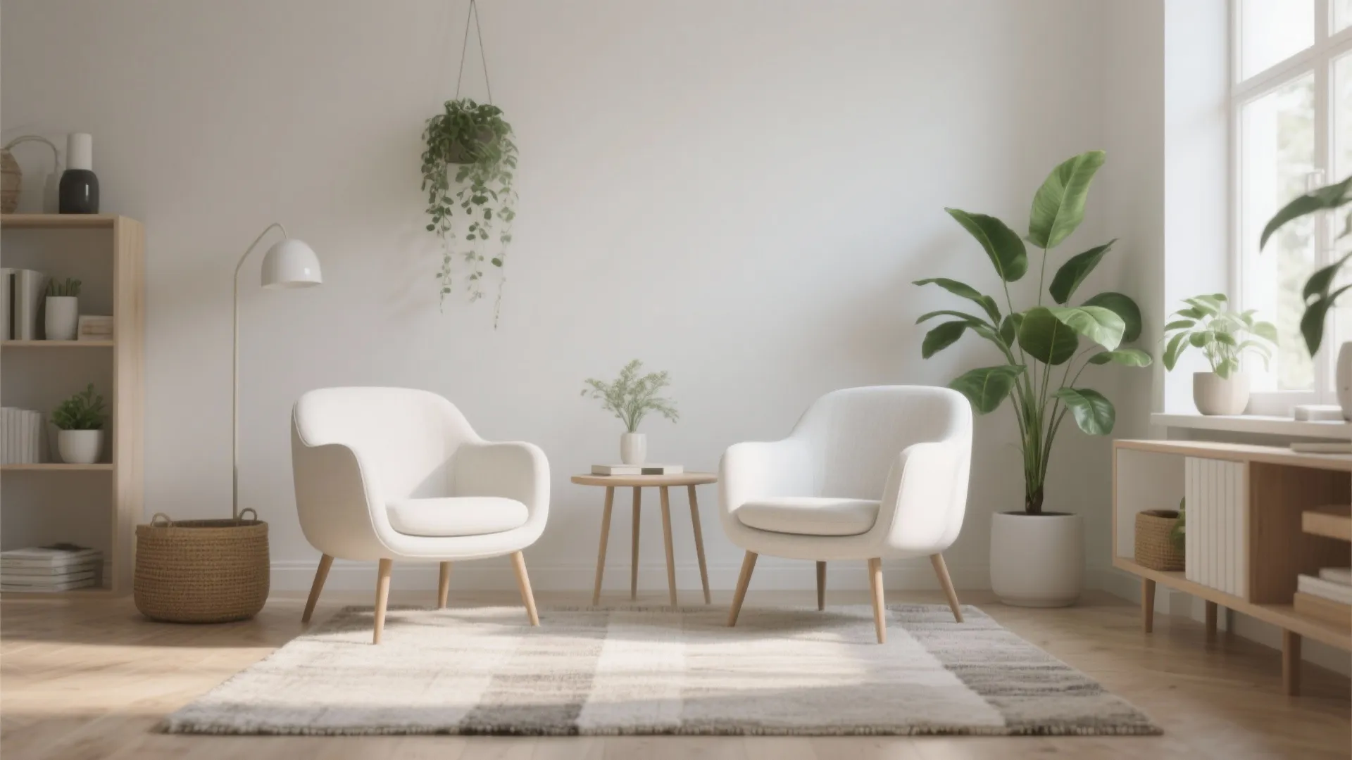 Minimalist sitting area with two white chairs small wooden table green plant and white floor lamp