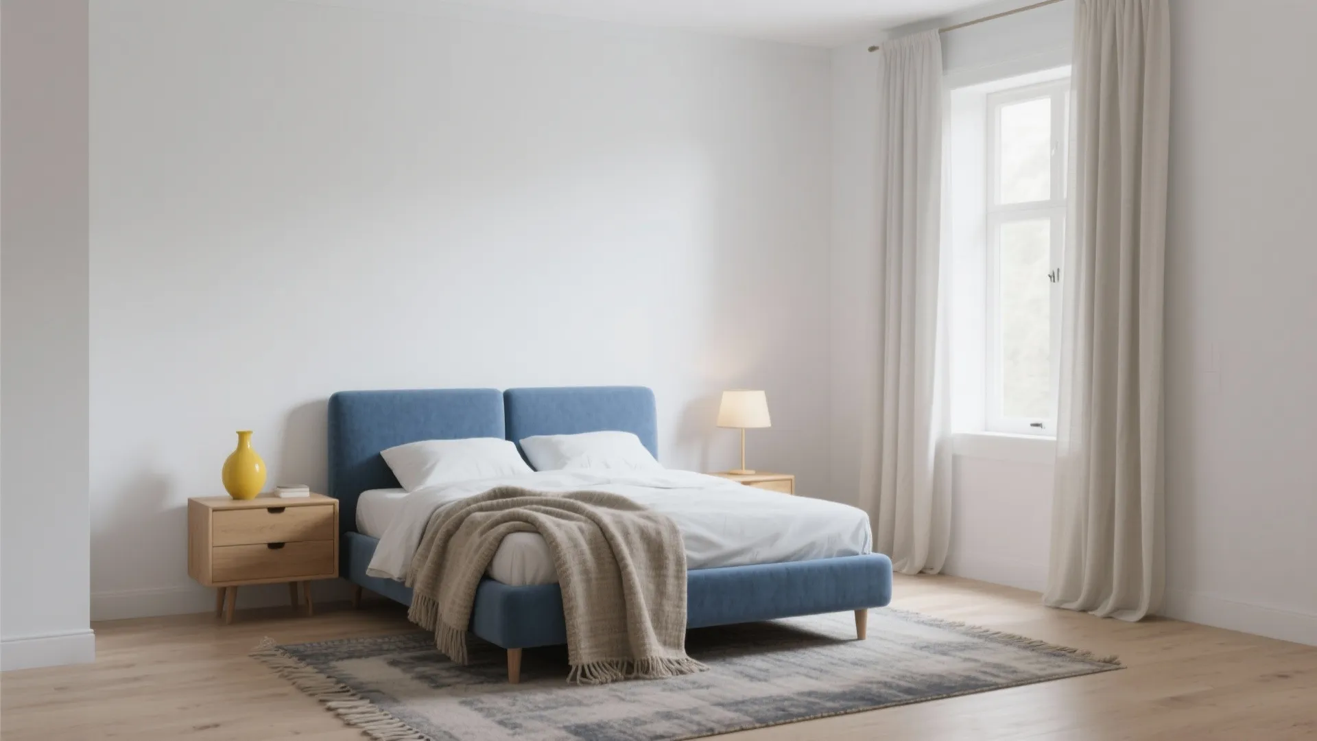 Minimalist white bedroom with blue bed wood nightstand yellow vase white curtains and pattern rug