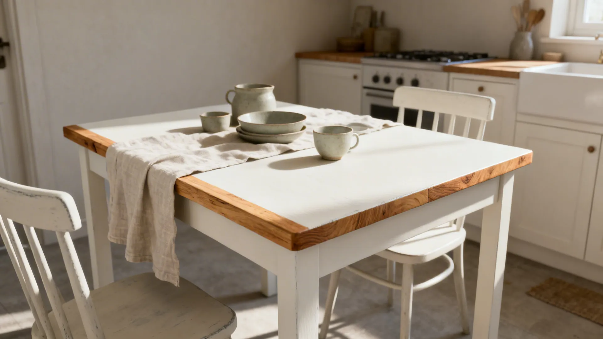 Scandinavian small kitchen with a matte white chalk-painted table and raw oak edges.