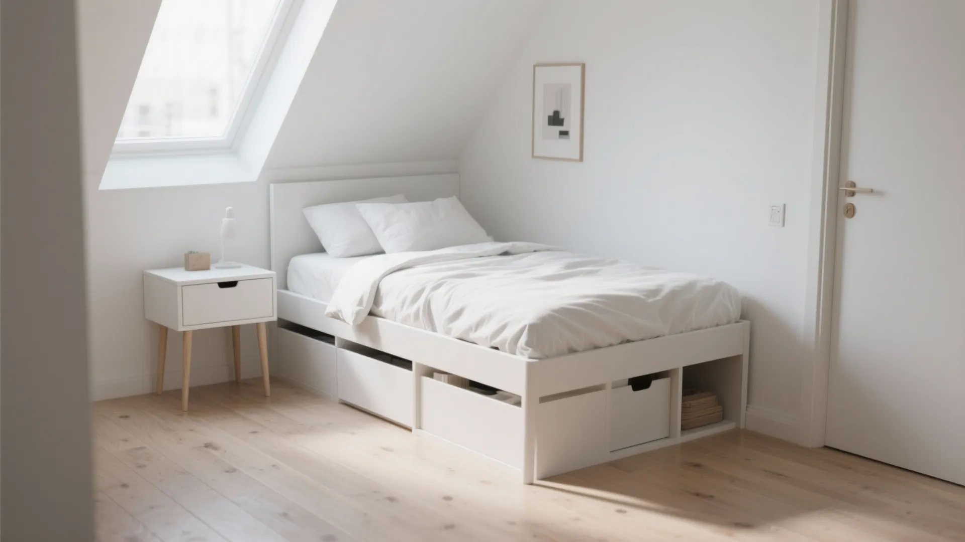 Compact Scandinavian white-wash bedroom set with tapered legs and modular storage.
