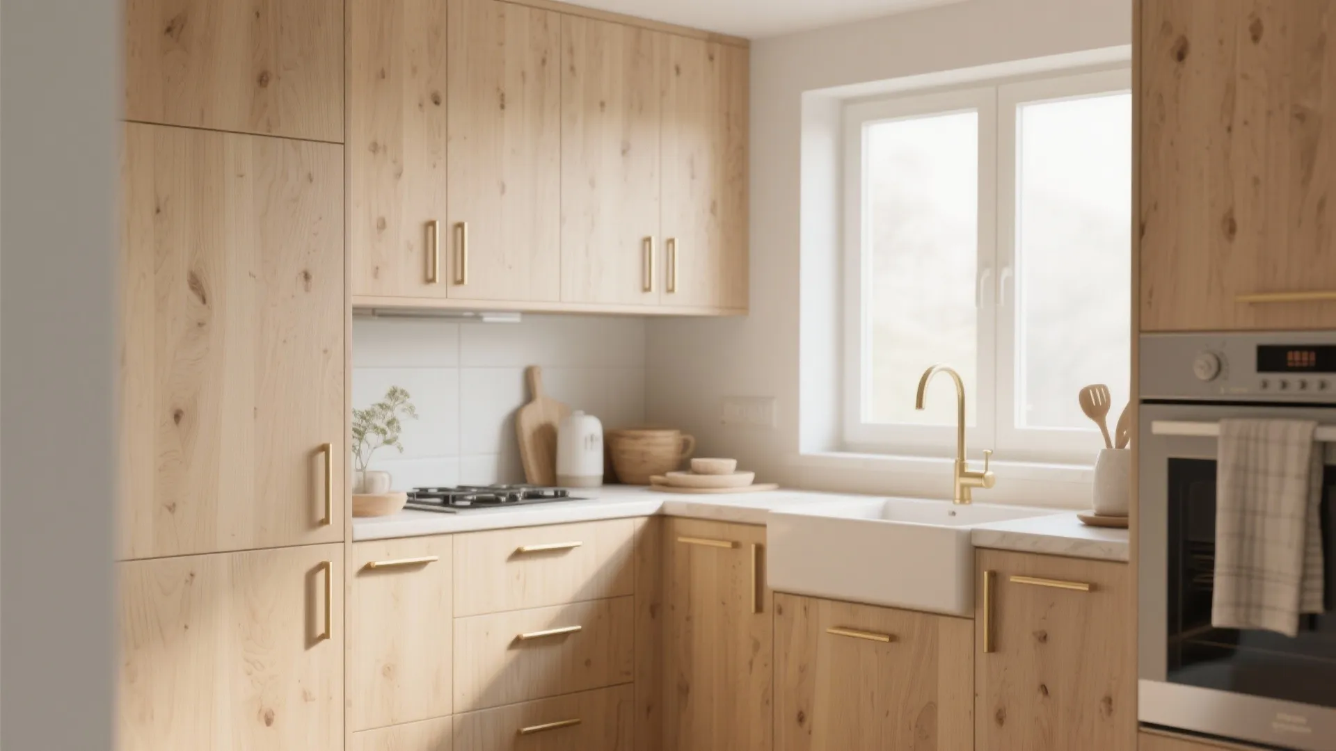 Light wood kitchen cabinets with gold handles and a white sink near a large bright window