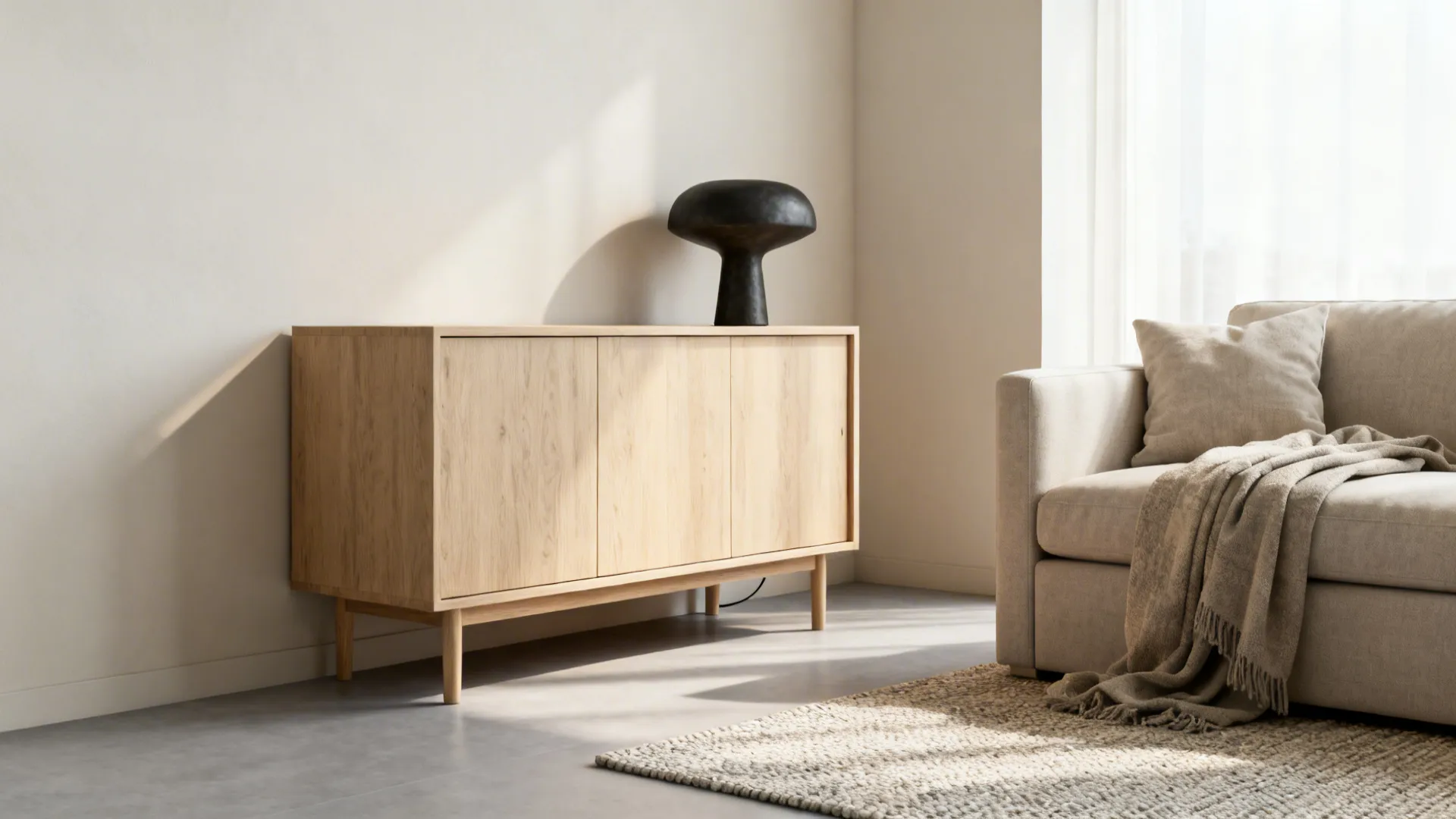 Modern living room with light wood cabinet black table lamp beige sofa and large rug