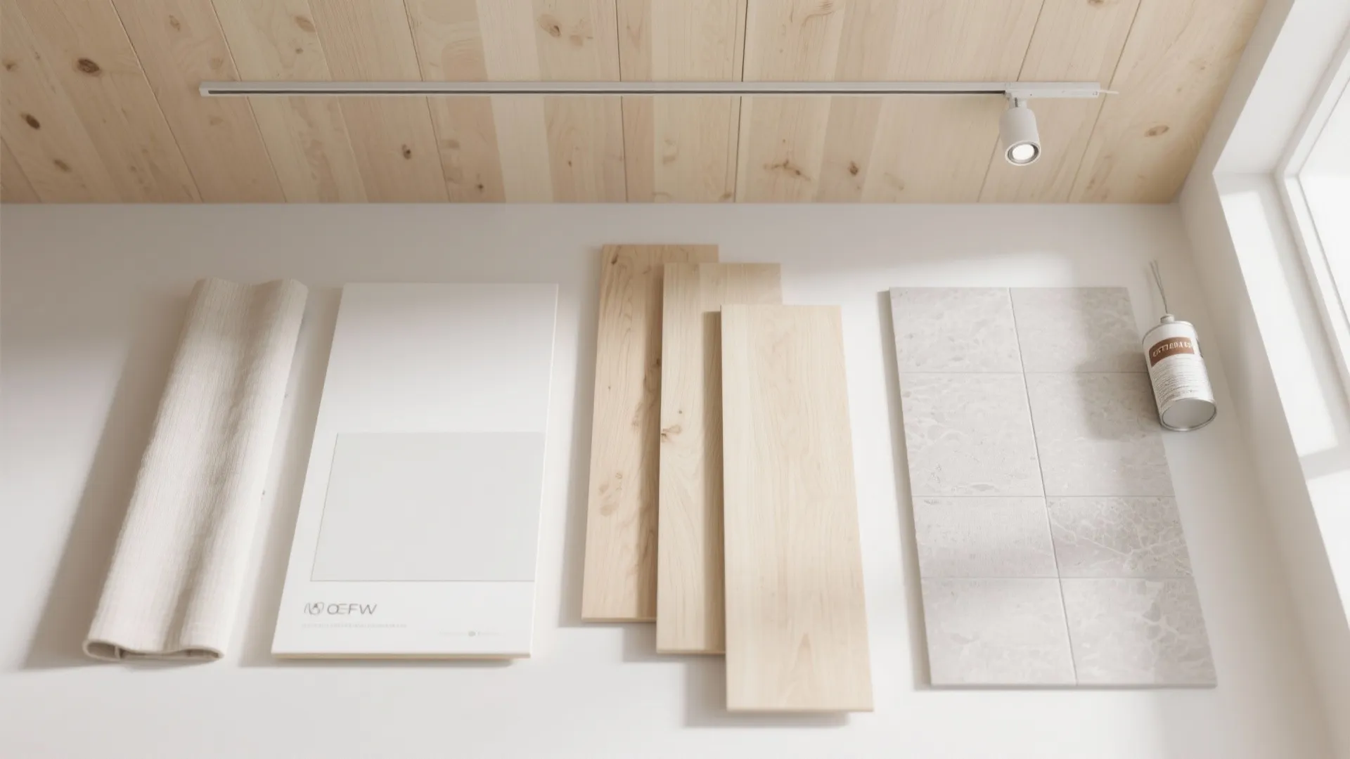 Interior design material board with fabric roll plus white board and wood planks plus tiles