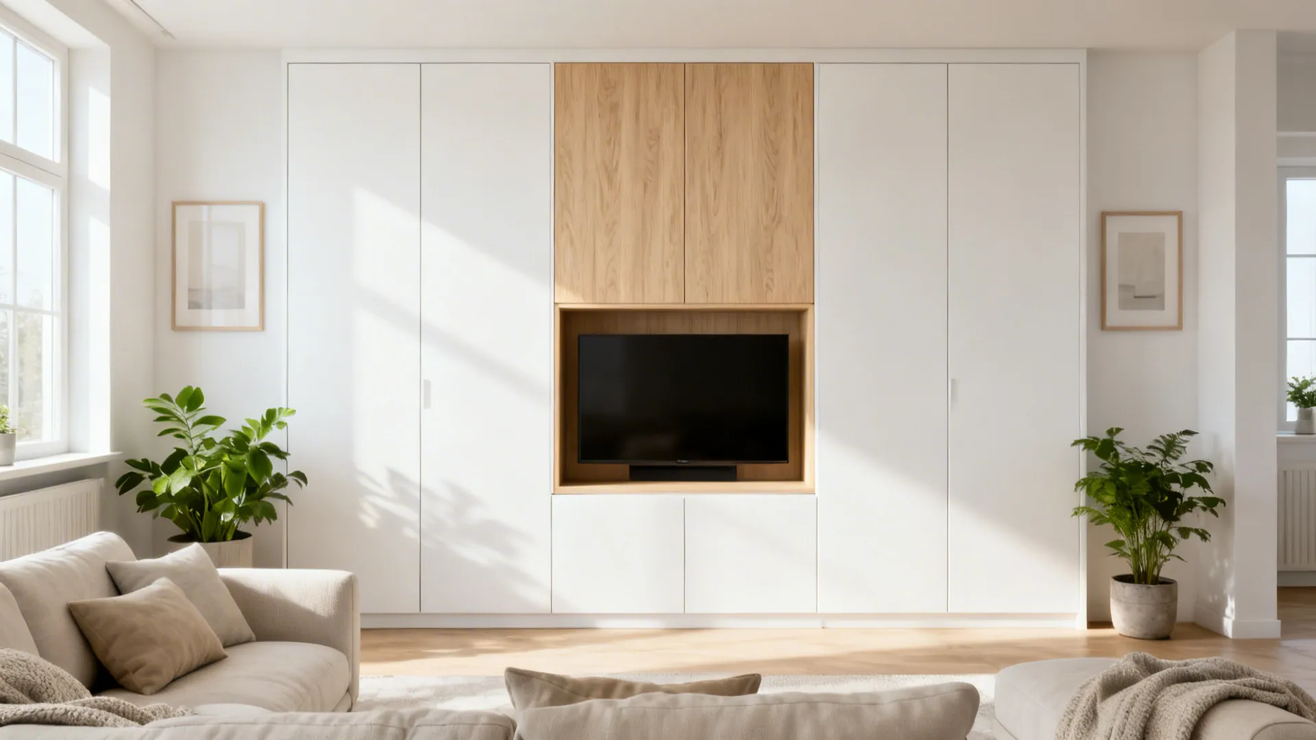 Scandinavian TV wall with pale oak cabinet and matte white doors in bright soft daylight.