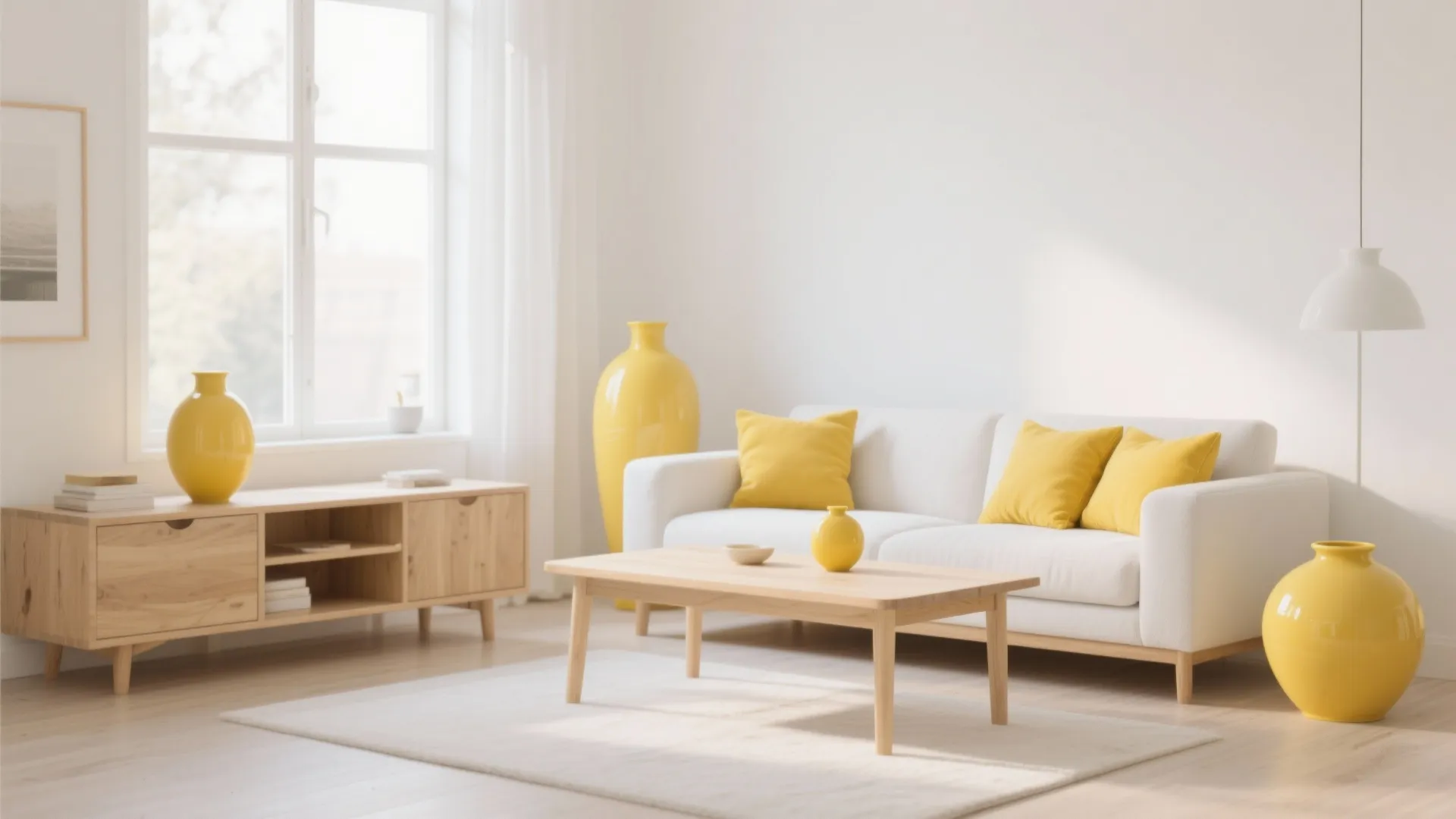 Minimalist living room with white sofa yellow pillows wooden coffee table and bright yellow floor vases