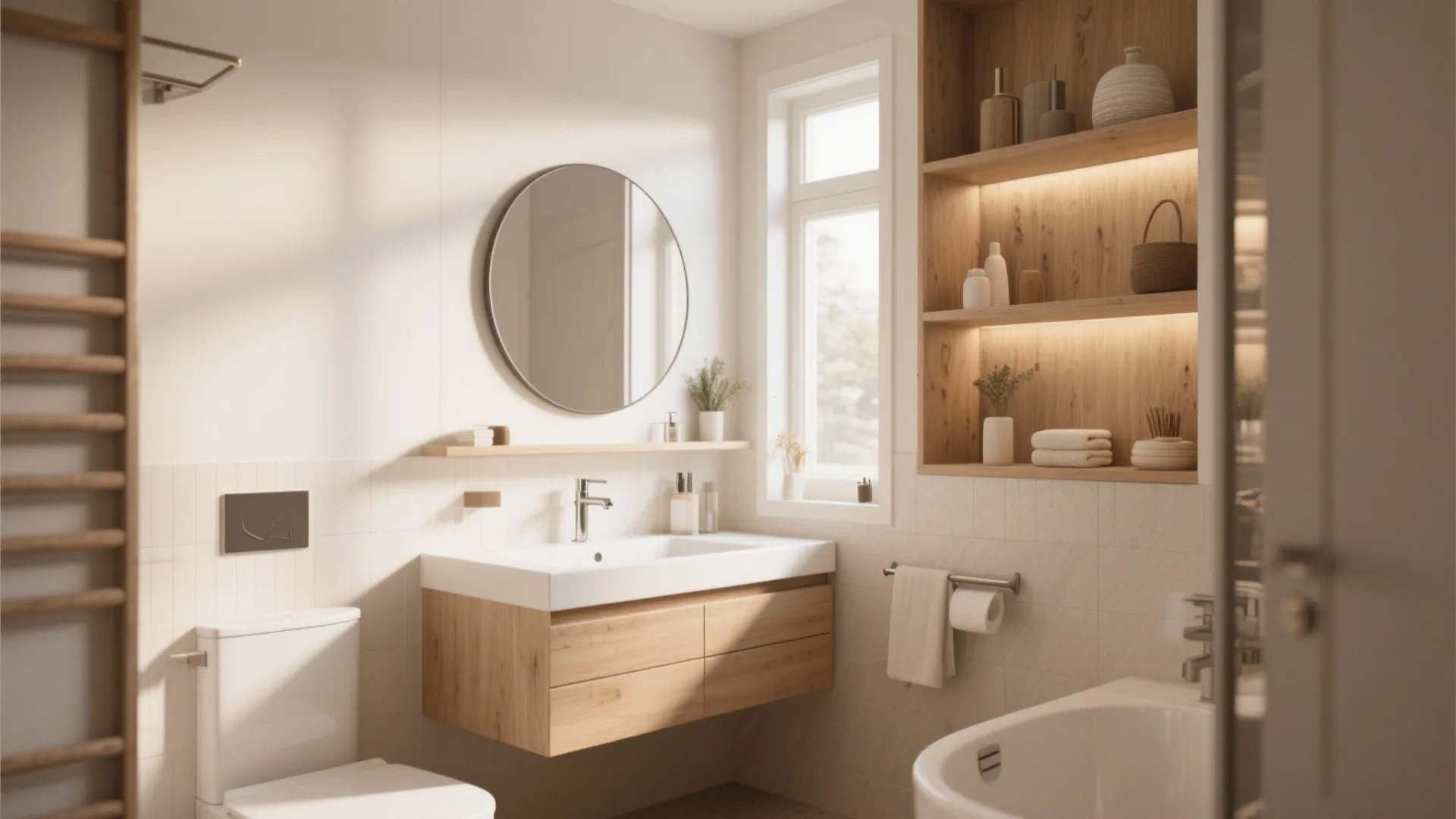 Modern bathroom with round mirror wooden cabinet white sink toilet and warm lighting on wall shelves
