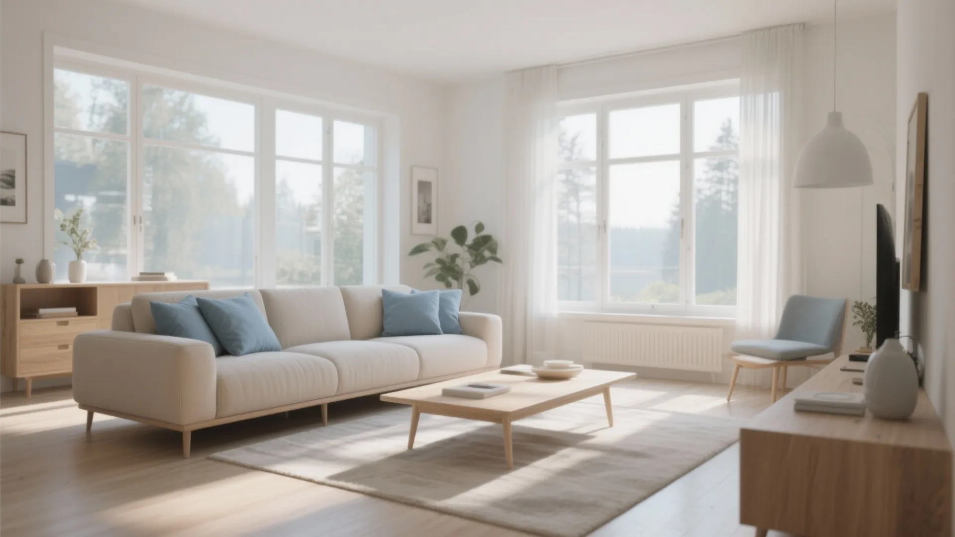 Bright minimalist living room featuring cream sofa wooden coffee table blue pillows and natural light windows