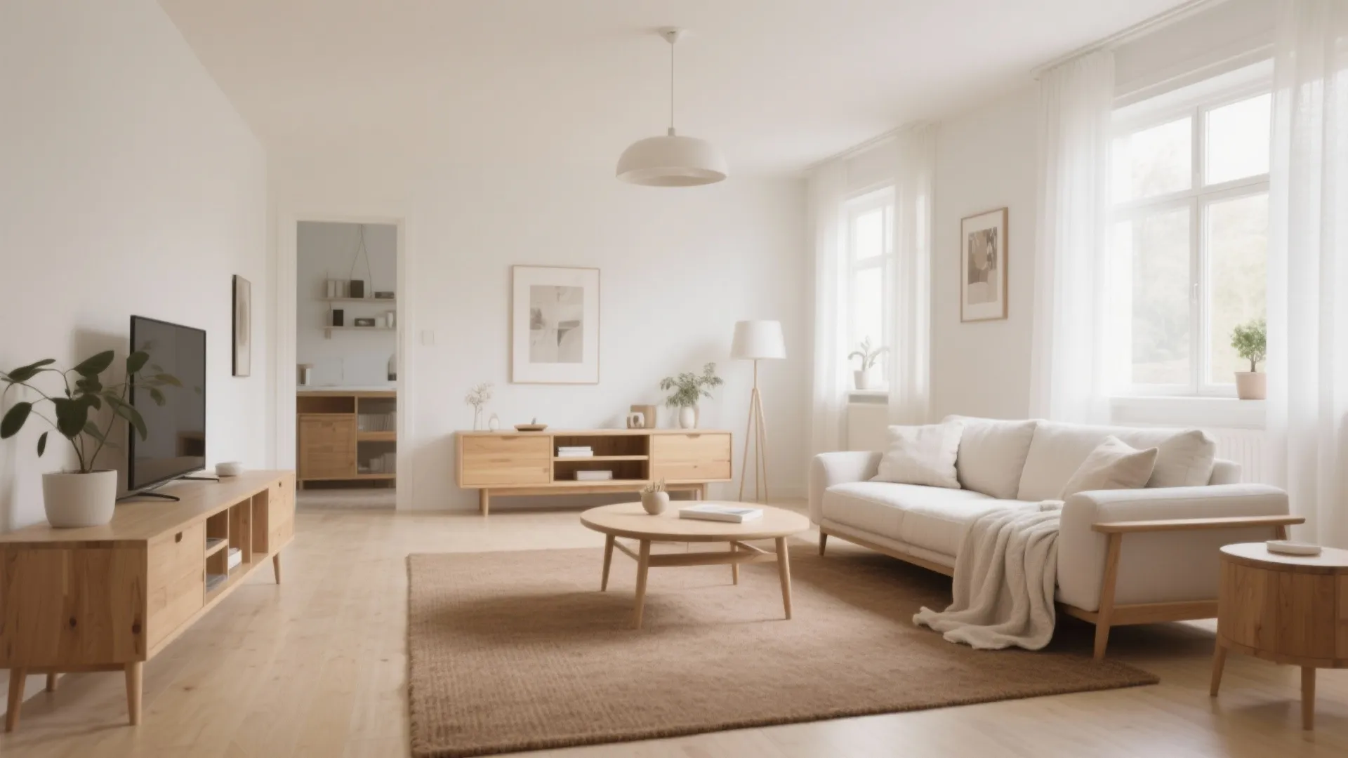 Scandinavian living room with pale brown carpet and oak furniture