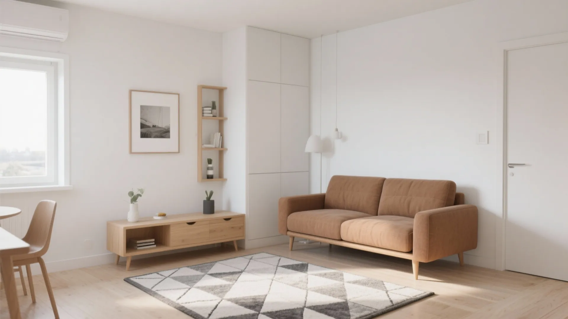 Latte brown couch in a bright Scandinavian-style apartment
