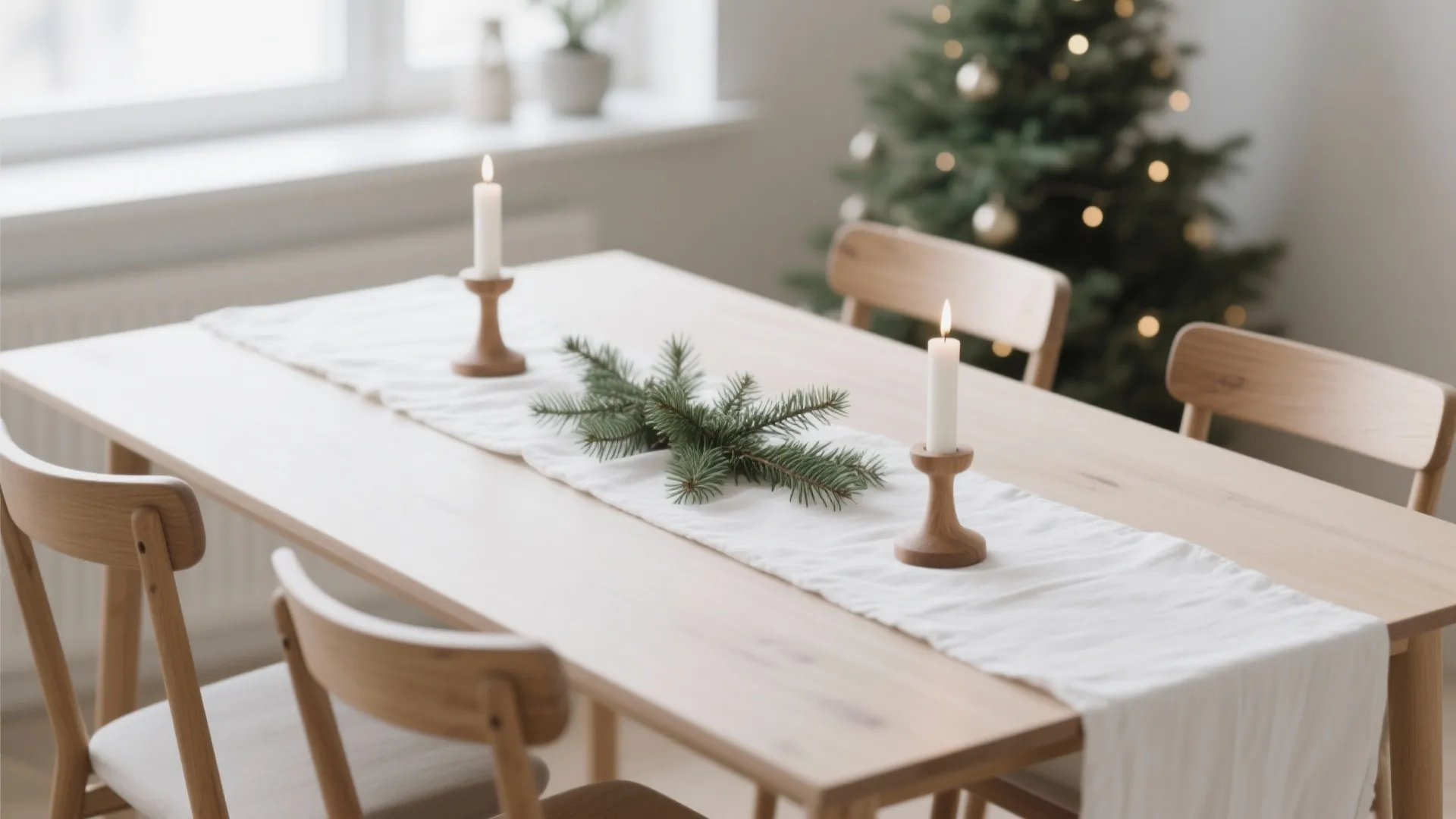 Minimalist wooden dining table with white runner candles and pine branches for a Christmas setting