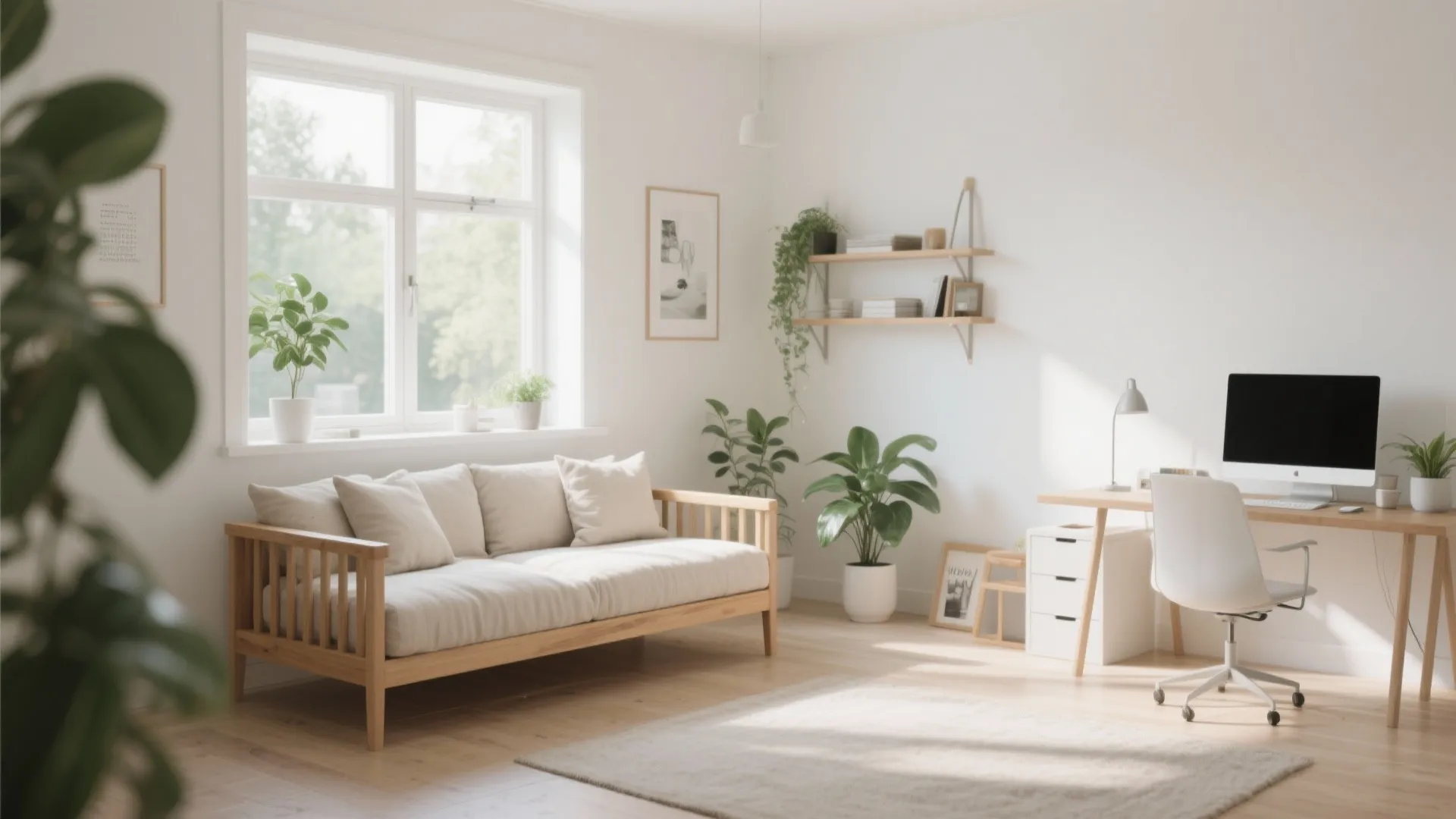 Bright Scandinavian home office with white walls wooden floor wooden sofa desk white chair and plants