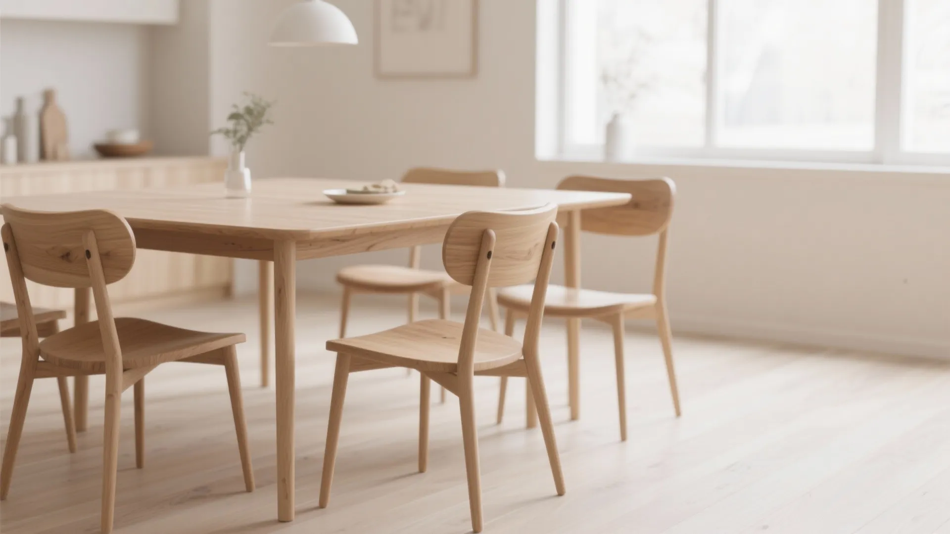 Minimalist dining room with light wooden table and four chairs in a bright natural space