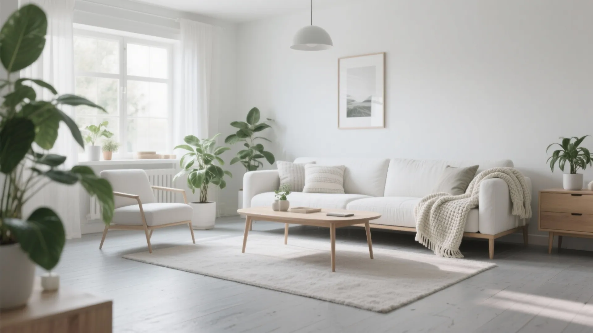Minimalist white living room with light gray floor white sofa green plants and wooden furniture