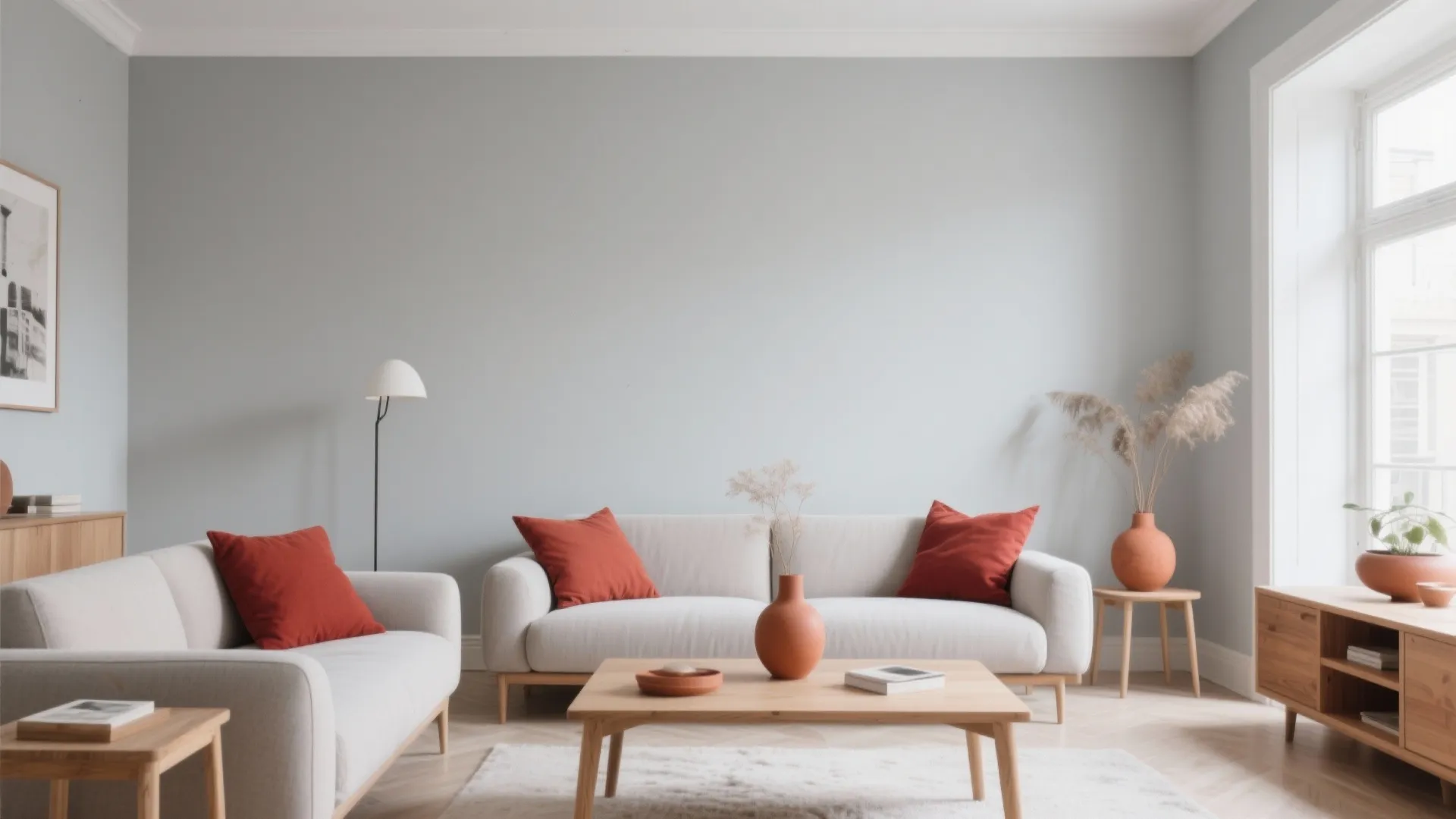 Scandinavian living room with light gray walls and muted red decor