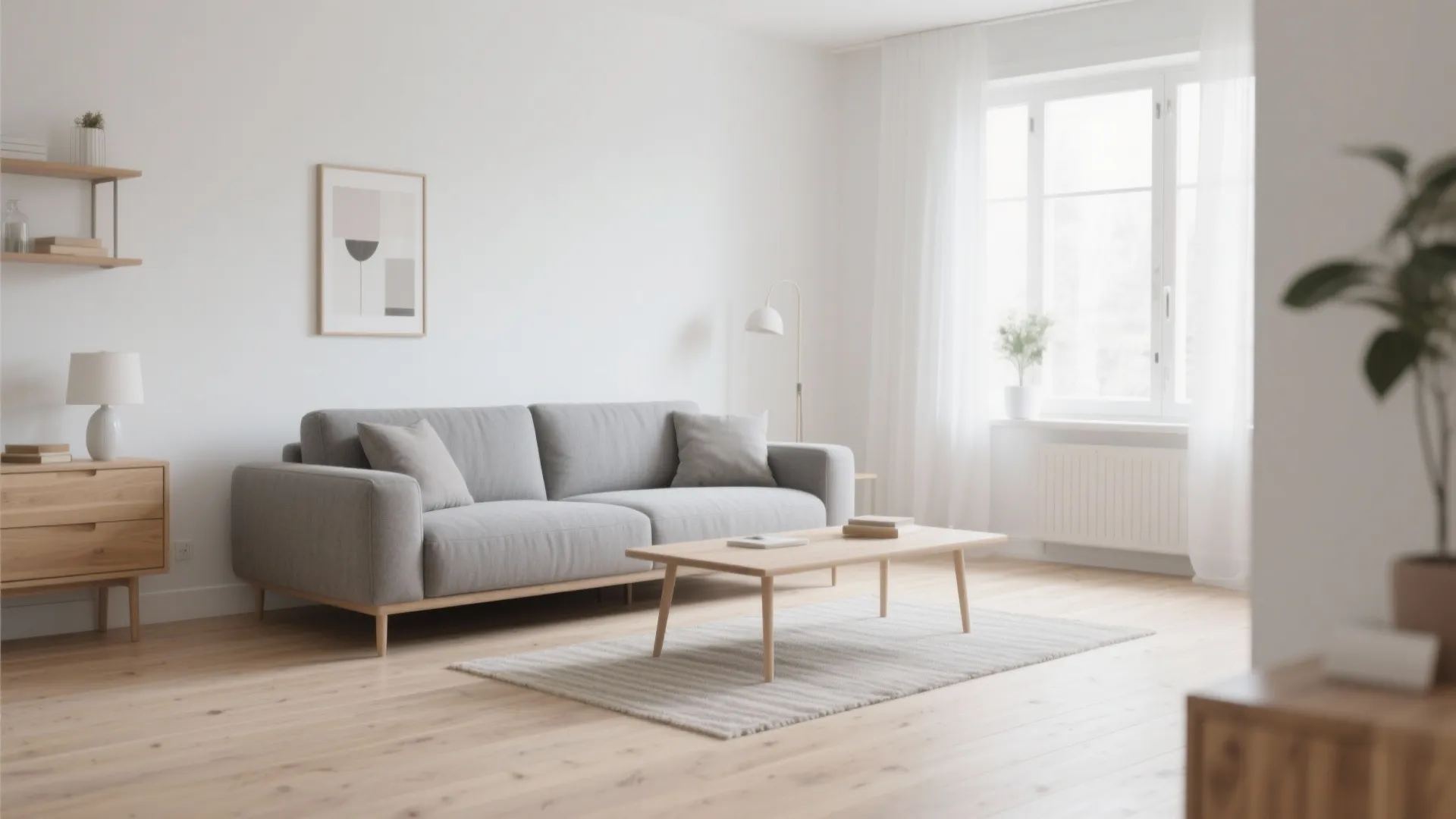Scandinavian living room with grey couch, light wood floor, and white walls