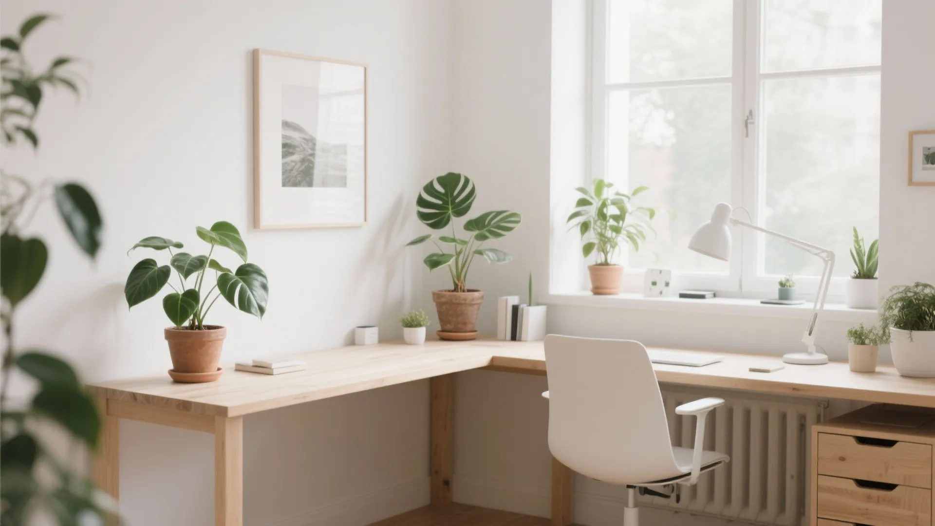 Minimalist Scandinavian L-shaped desk with pale oak and white walls