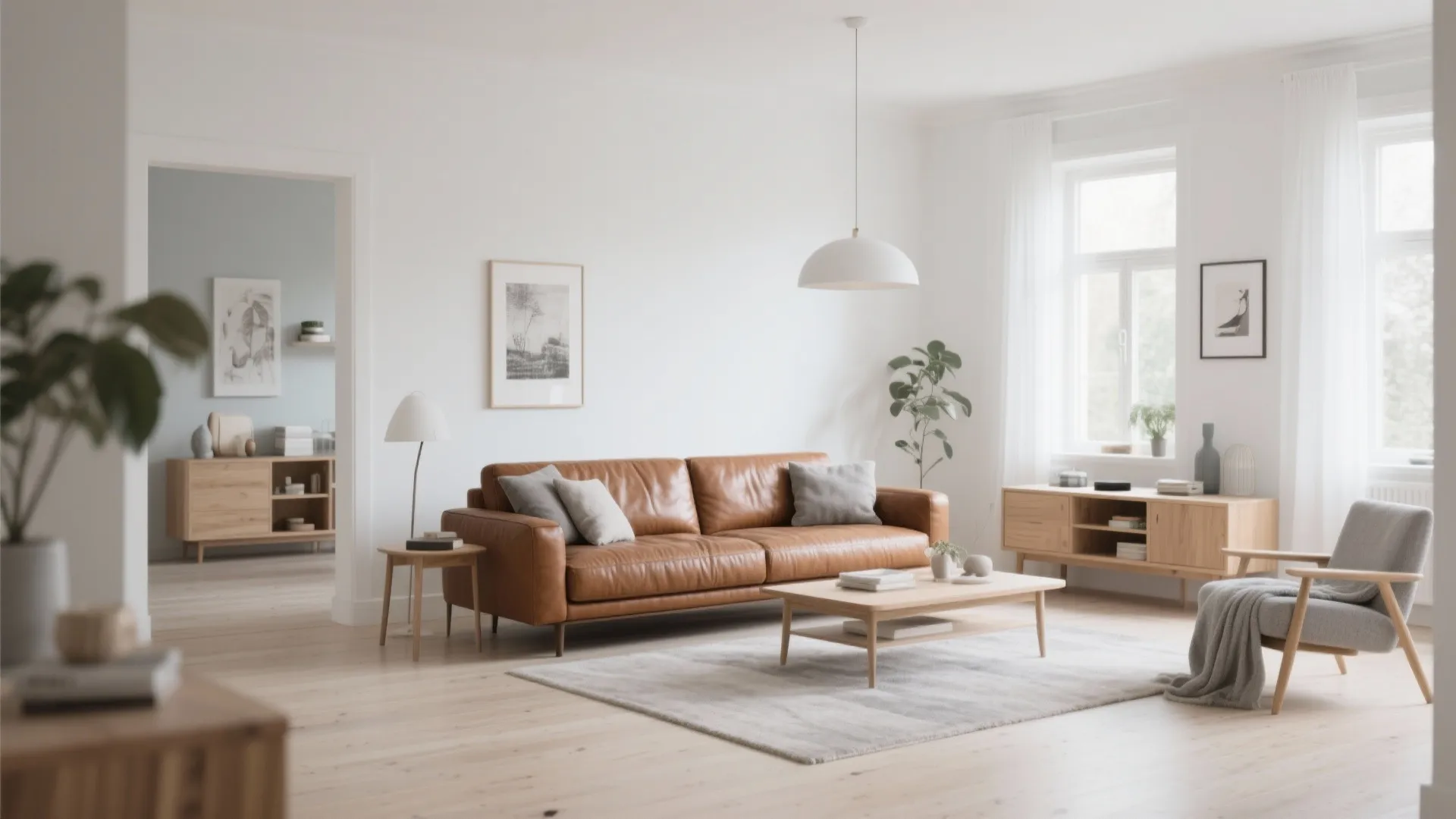 7. Scandinavian Lightness with Brown Leather
