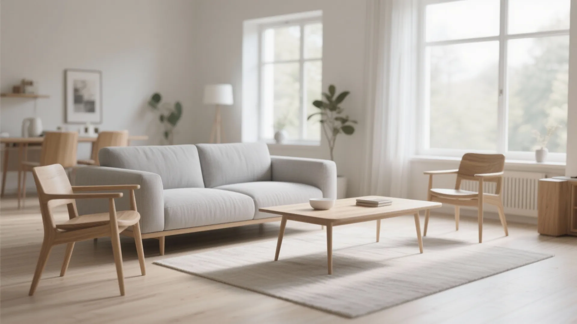 Minimalist living room with grey sofa wooden coffee table two wooden chairs and large bright windows