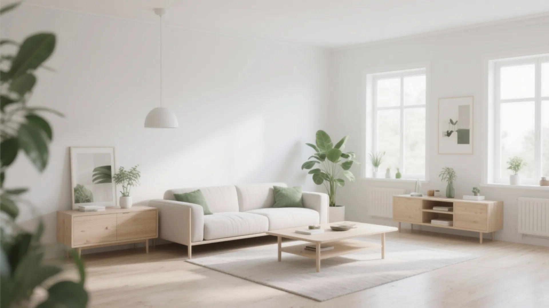 Bright living room with white sofa green pillows wooden coffee table cabinets and indoor green plants