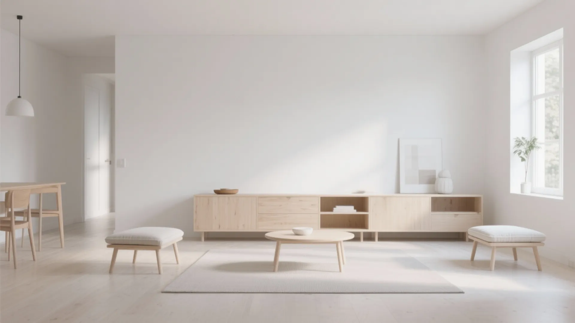 Minimalist white living room featuring a light wood cabinet round coffee table and two footrests