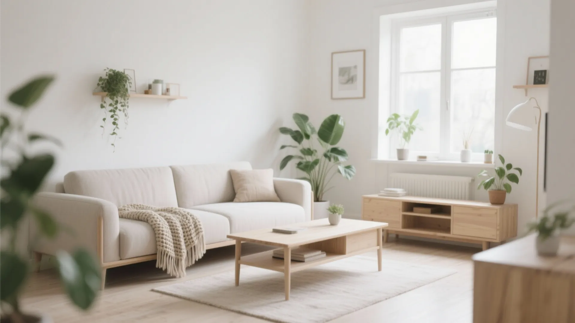 Light wood Scandinavian minimalist small living room with sofa and plants