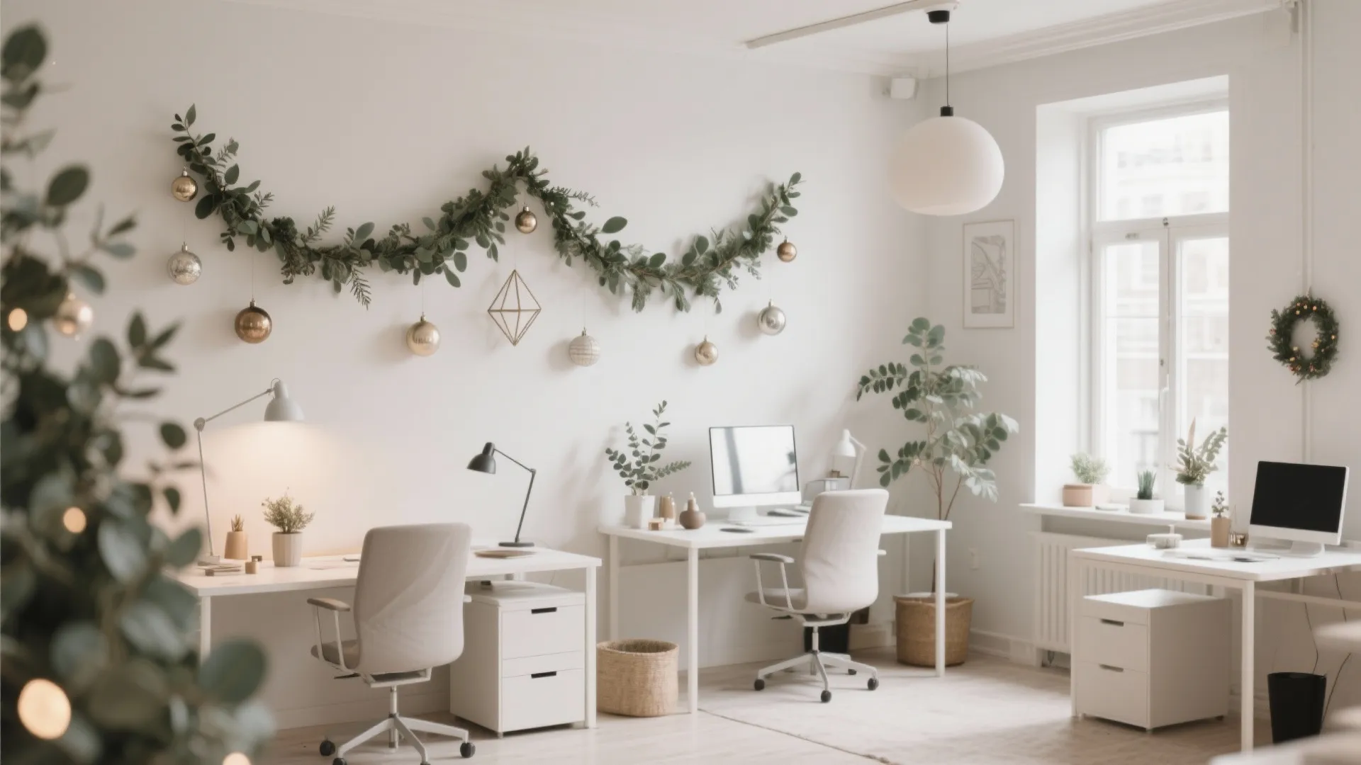Minimalist white office with wood desks green leaf garland hanging ornaments and clean scandinavian design style