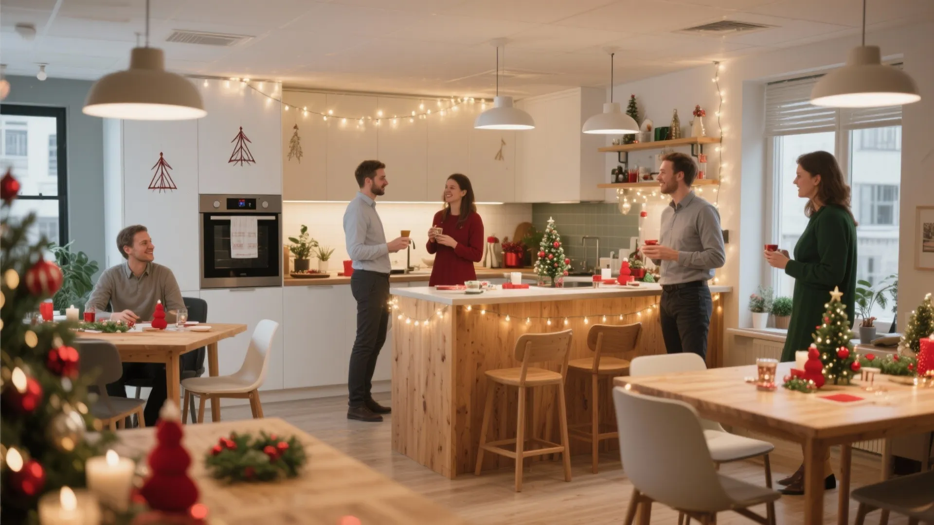 Modern office kitchen with staff celebrating Christmas featuring string lights small trees and wood furniture