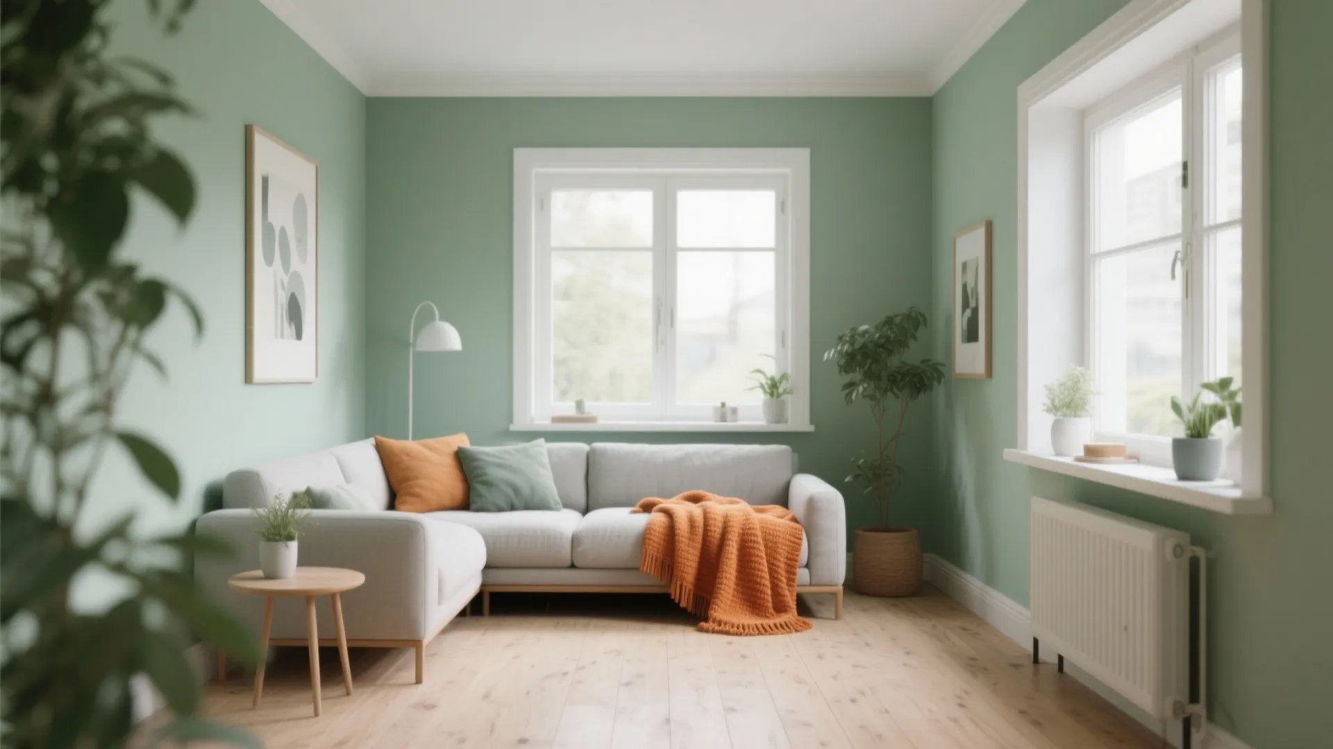 Bright living room with green walls grey sofa orange blanket wooden floor and large white window