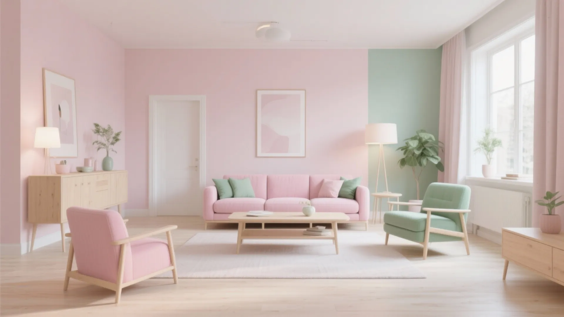 Pink living room with green accent wall featuring pink sofa green armchair and wooden coffee table