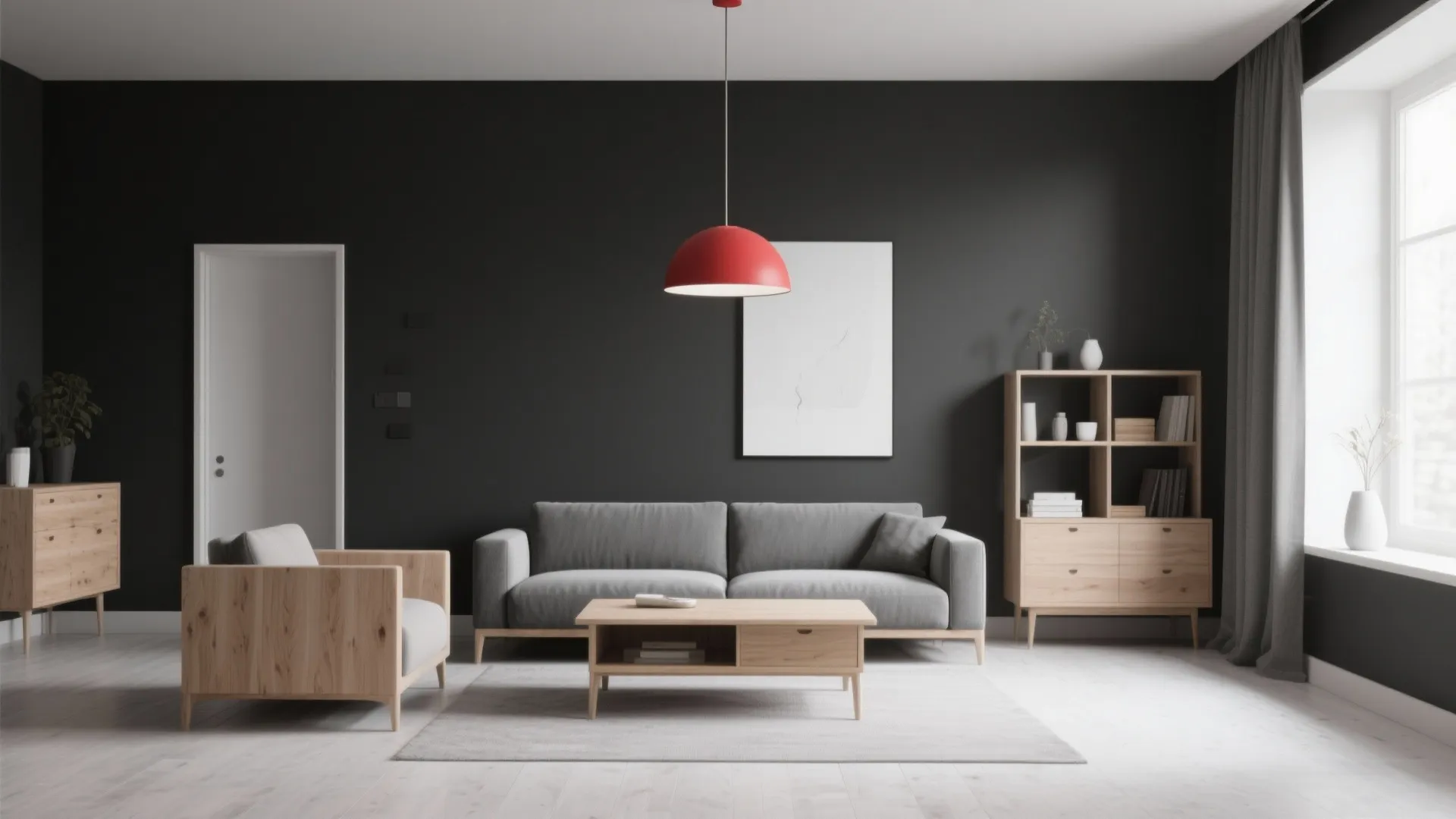 Minimalist living room with grey sofa wooden furniture red ceiling light and dark grey wall