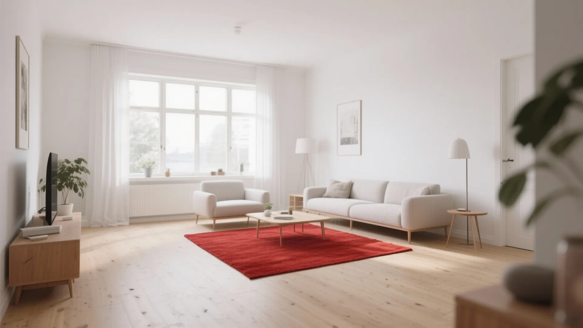 Scandinavian living room with white walls bright red rug light wood floor and minimalist furniture